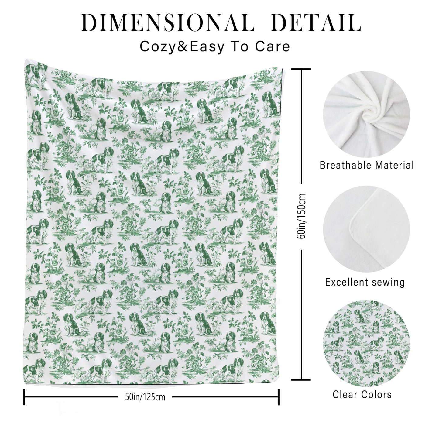 BUJSP Sage Green Chinoiserie Cavalier King Charles Spaniel Blanket, Springer Spaniel GOG Gifts,Green and White French Country Toile Dog Throw Blanket for Home Bedroom Couch Bed Decor, 50x60 Inches