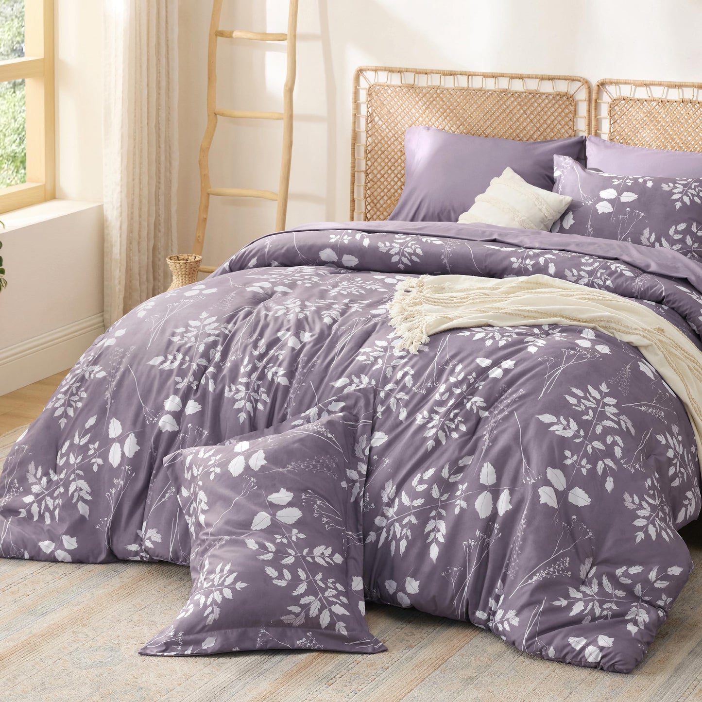 Bedsure Grayish Purple Queen Comforter Set - 7 Pieces Floral Bedding Sets Queen Bed in a Bag with Reversible Botanical Flowers Comforter, Sheets, Pillowcases & Shams