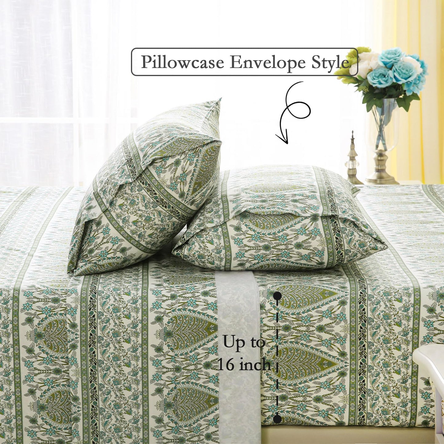 ChicView King Size Paisley Printed Sheet Set,4 Pieces Boho Style Breathable Soft Microfiber Bedsheets, Anti Pilling Deep Pockets Easy Care Bed Sheets, Green