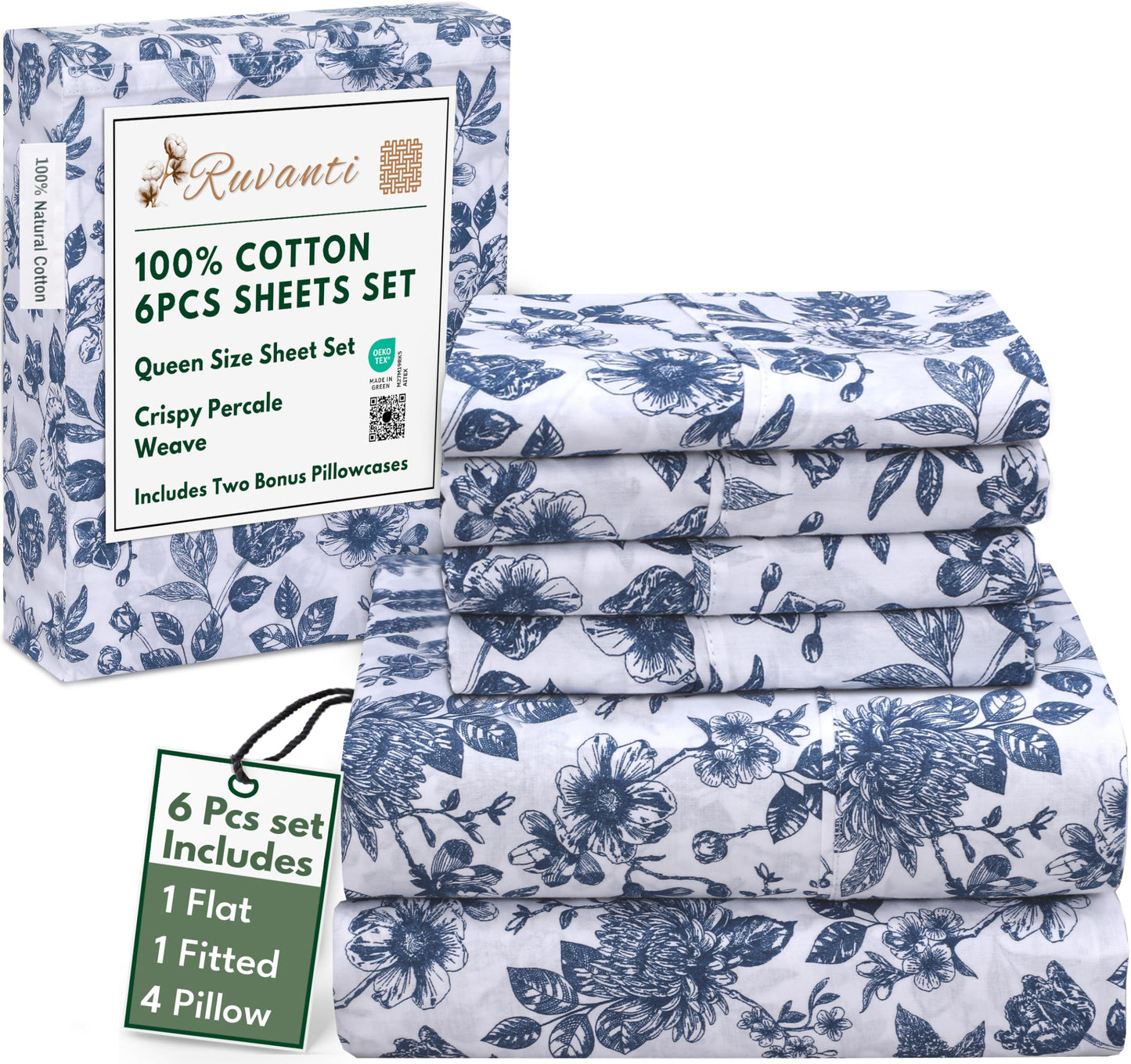 RUVANTI 6 Pcs Cotton Sheets - 100% Natural Cotton Soft, Lightweight & Breathable Crispy Percale Bed Sheets, Queen Sheet Set 16" Deep Pockets, Wild Flower