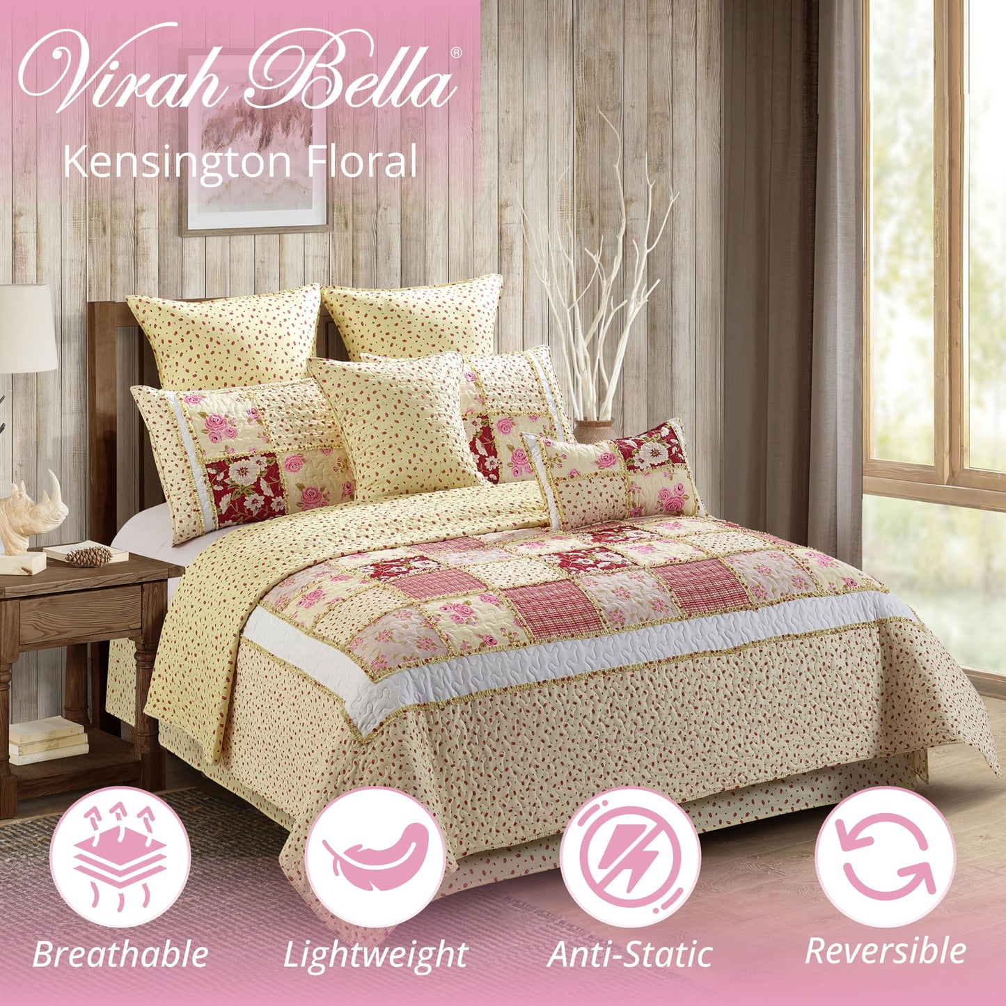 Virah Bella 3 Piece Full/Queen Lodge Quilt Bedding Set - Rustic Country Reversible Comforter Set with Decorative Pillow Shams - Kensington Floral