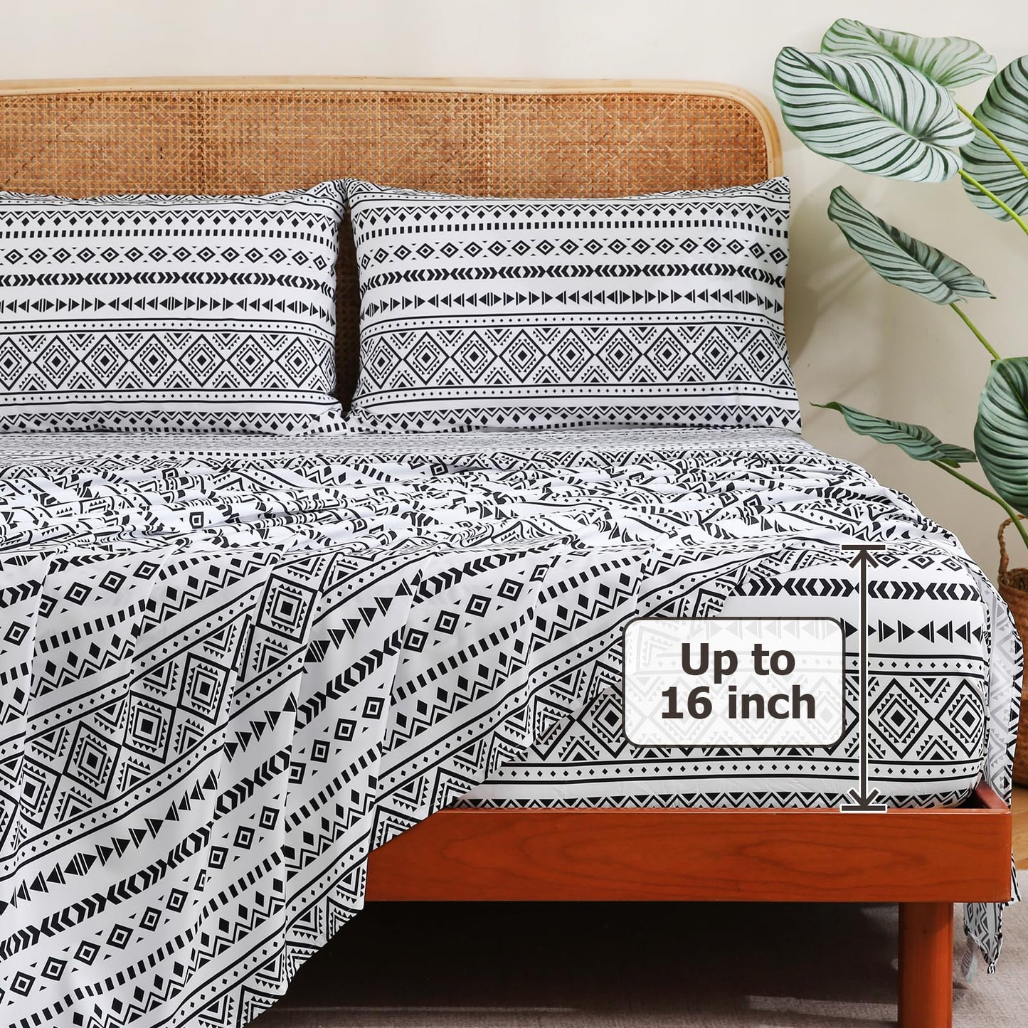 CozySmile King Size Sheet Set 4 Piece,Soft & Breathable Bedding Deep Pocket 16" Cooling Wrinkle Free Comforter Bed Set Western Sheets Geometric(King, Black White Geometric)