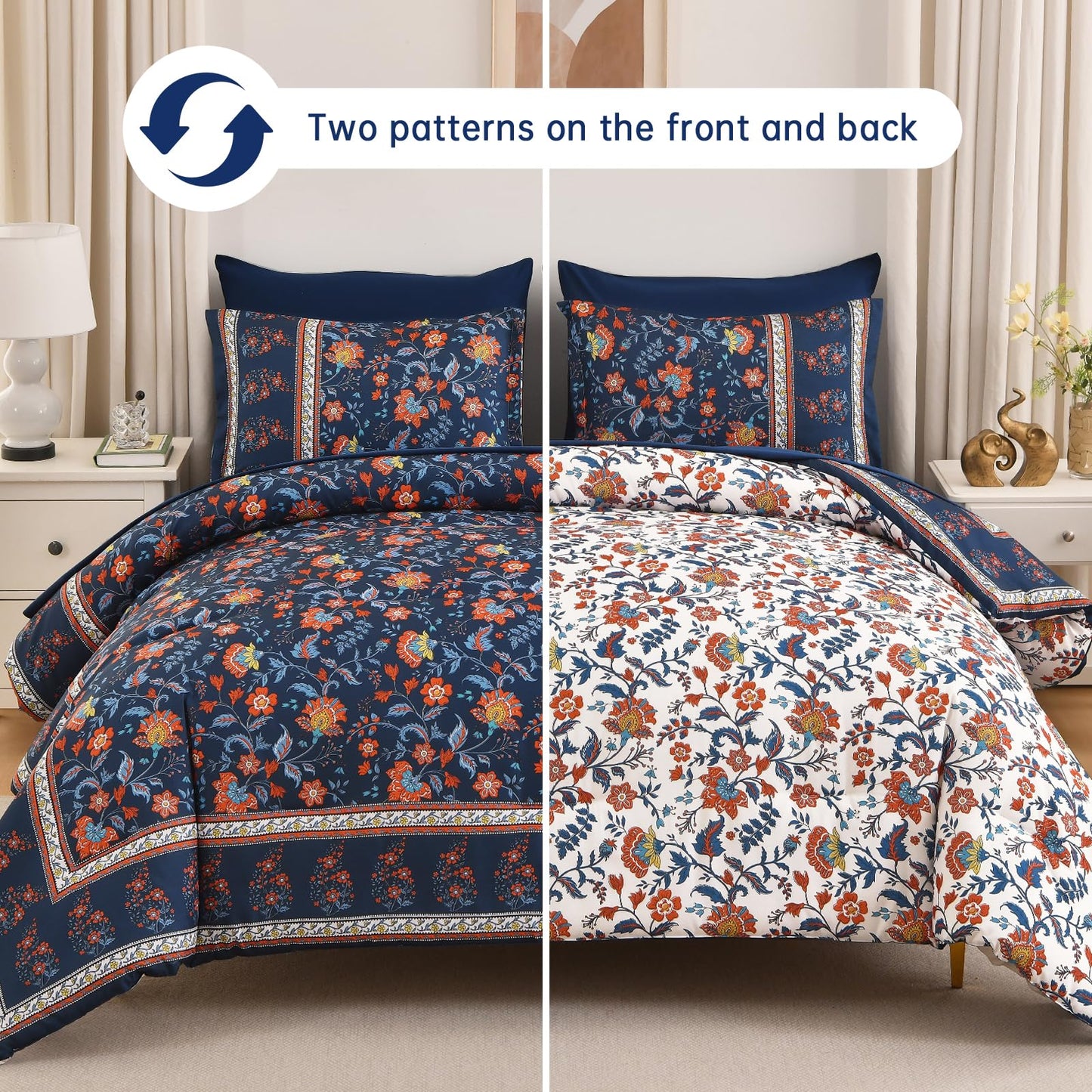 Dinjoy Boho Comforter Set Queen,Navy Bedding Paisley Floral 7 Piece Bed in a Bag Reversible Lightweight Bohemain Comforters with Sheet Sets for All Season