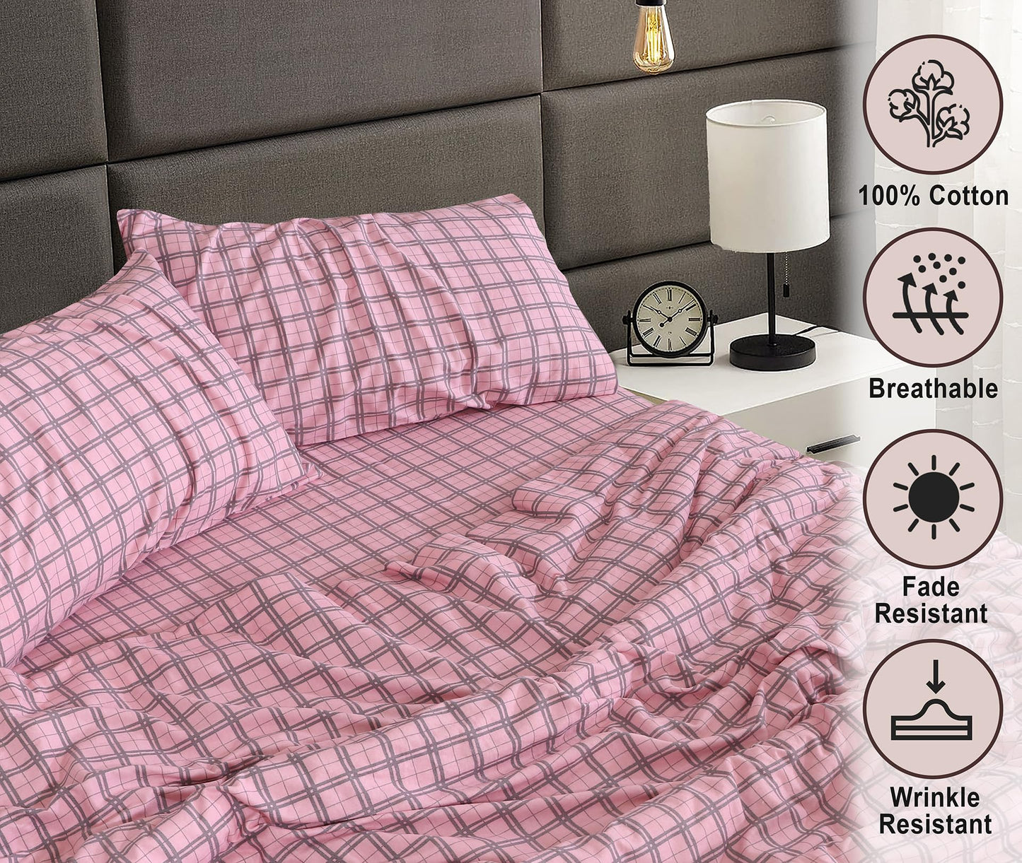 RUVANTI Flannel Sheets Queen Size - 100% Cotton Double Brushed Bed Sheets, Deep Pockets 16 Inches Queen Sheet Set, All Seasons Breathable & Extra Soft - Warm & Cozy, 4 Piece, Check & Bolt Pink