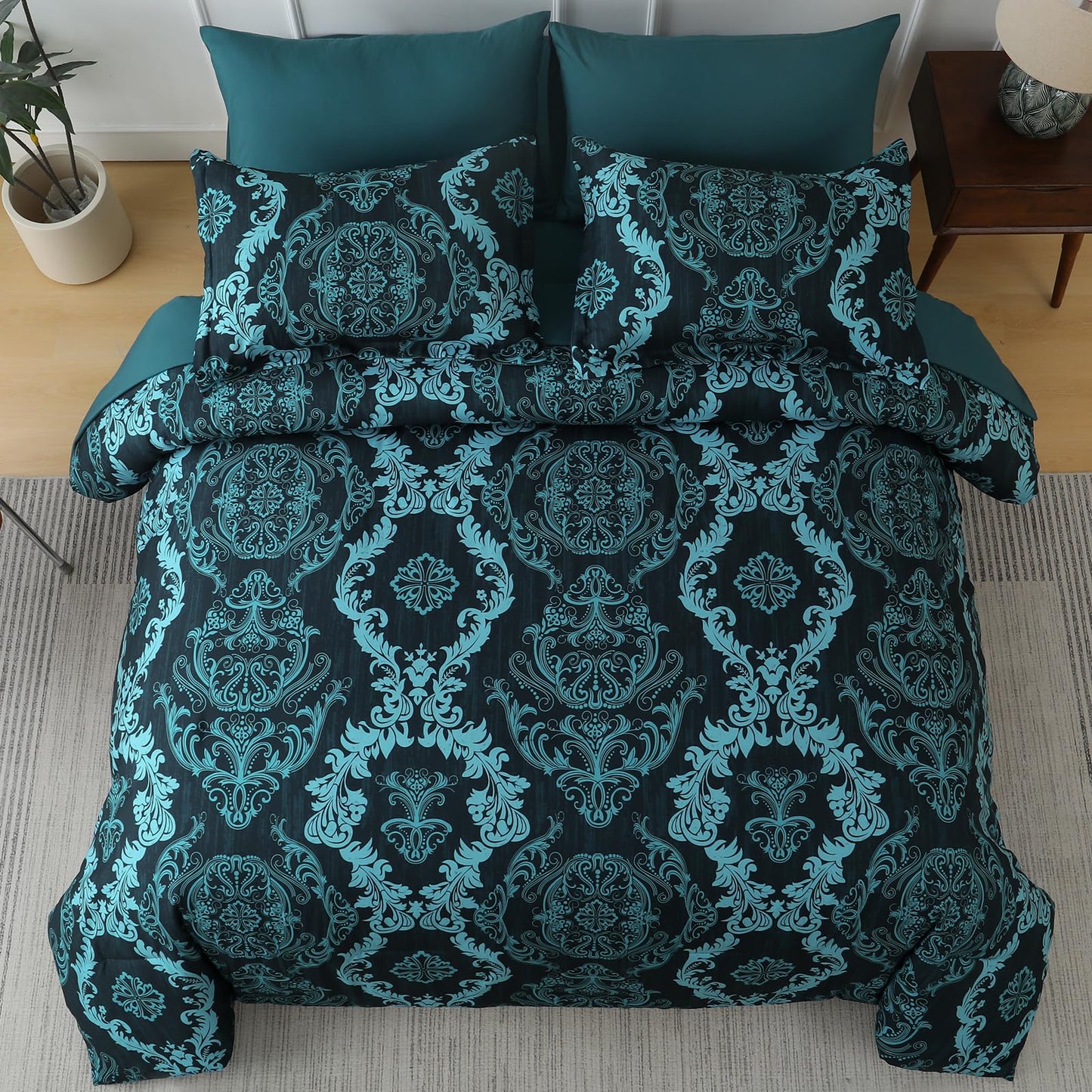 WONGS BEDDING 7 Piece Queen Comforter Set, Teal Texture Breathable Microfiber Comforter Bedding Set for All Season, Damask Bed in a Bag with Comforter, Flat Sheet, Fitted Sheet, Pillowcases & Shams