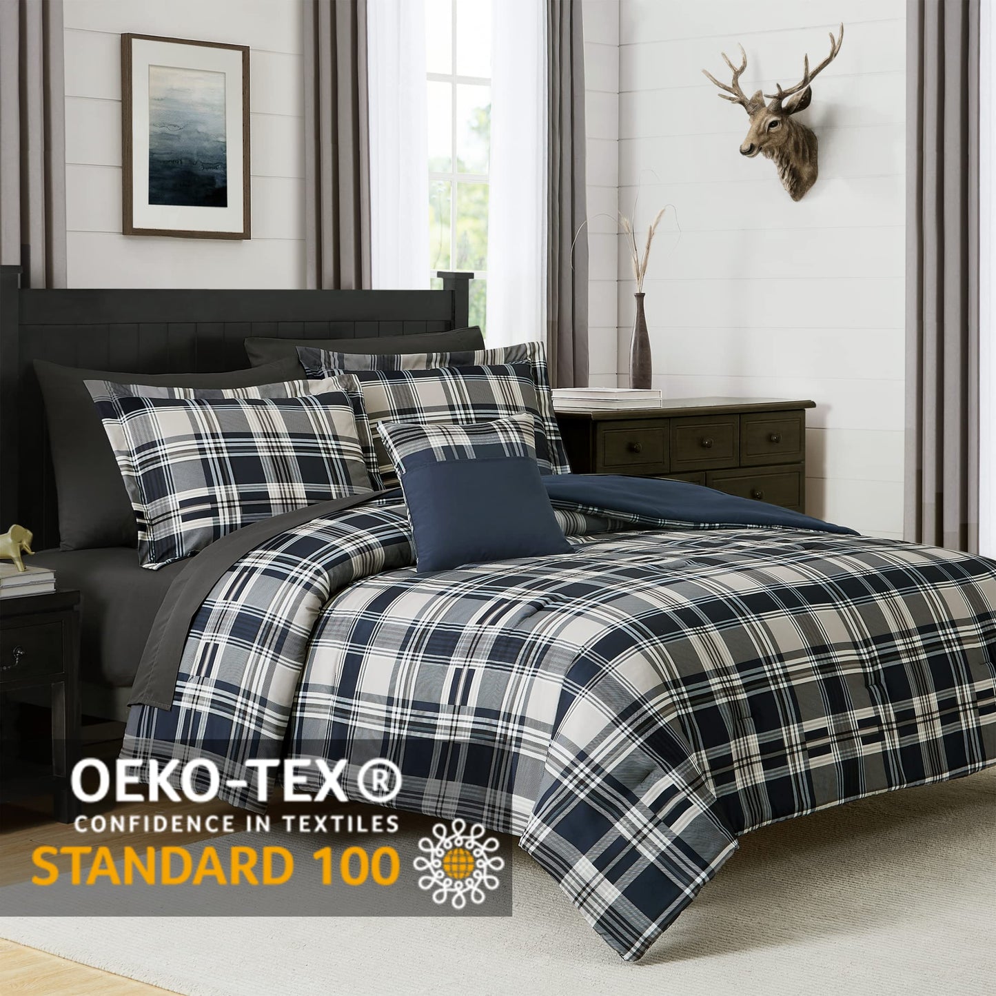 MaiRêve Queen Size Comforter Set Navy Blue, Classic Plaid Farmhouse 7 Pieces Bedding Set, All Season Lightweight Bed in a Bag with Sheets, Pillowcases & Shams