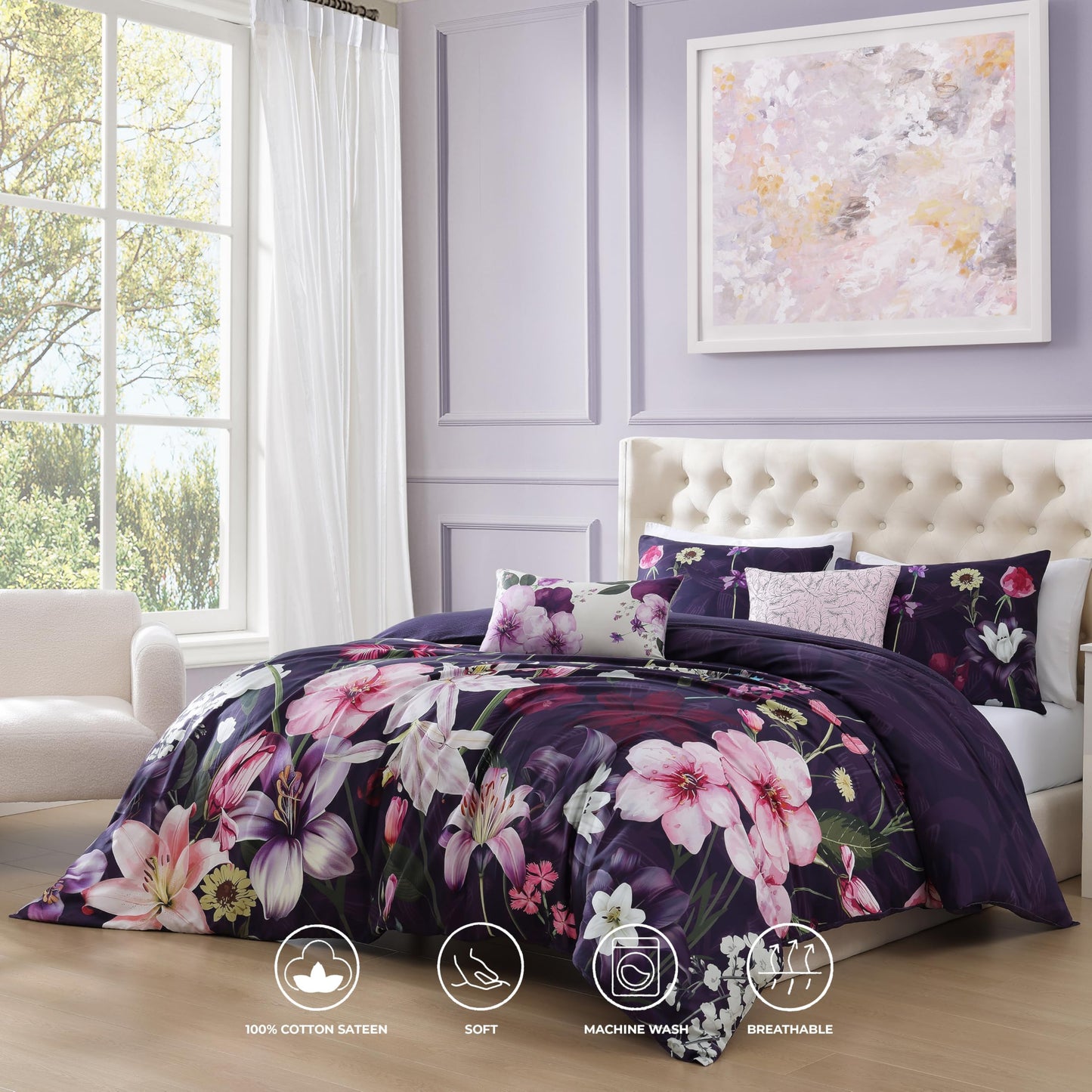 Bebejan Morning Glory 5 Piece Comforter Set, 100% Cotton Sateen, 220 Thread Count, Purple Floral Reversible Bedding Comforter Set, 1 Comforter, 2 Shams & 2 Pillows (King/Cal King)
