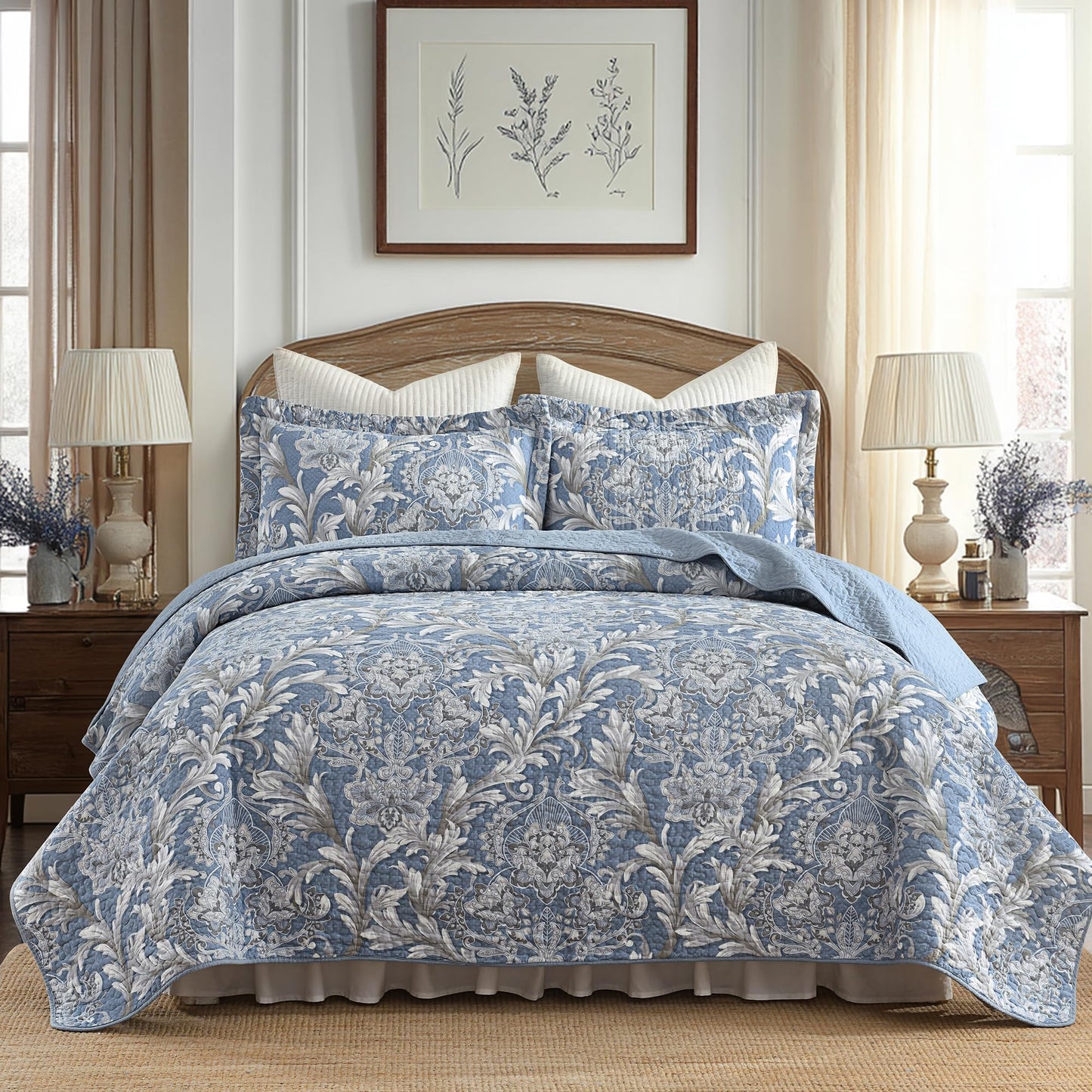 BCOTTOND King Size Quilt Set - Dusty Blue and Gray Quilt Set King, 100% Cotton Floral Bedspread Set 3 Piece, Classic Damask Bedspread, Reversible Lightweight Quilt Bedding Set