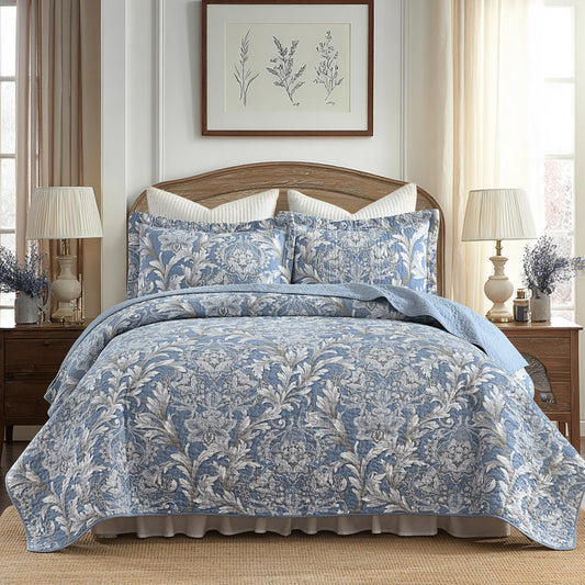 BCOTTOND King Size Quilt Set - Dusty Blue and Gray Quilt Set King, 100% Cotton Floral Bedspread Set 3 Piece, Classic Damask Bedspread, Reversible Lightweight Quilt Bedding Set
