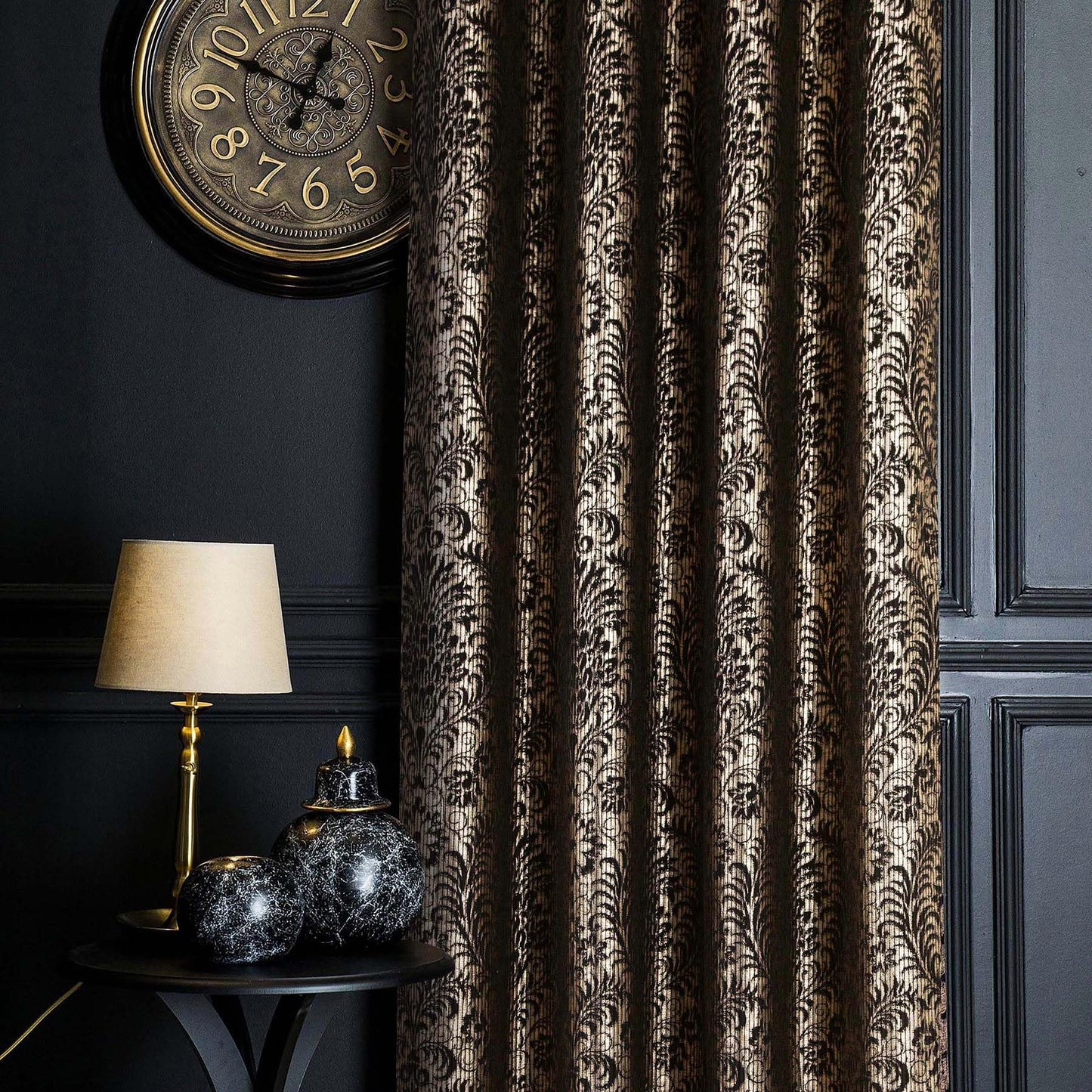 always4u 100% Blackout Damask Foil Print Black and Gold Ridged Velvet Curtains 108 Inches Long Drapes 2 Panels Shiny Metallic Window 54 * 108 Inches
