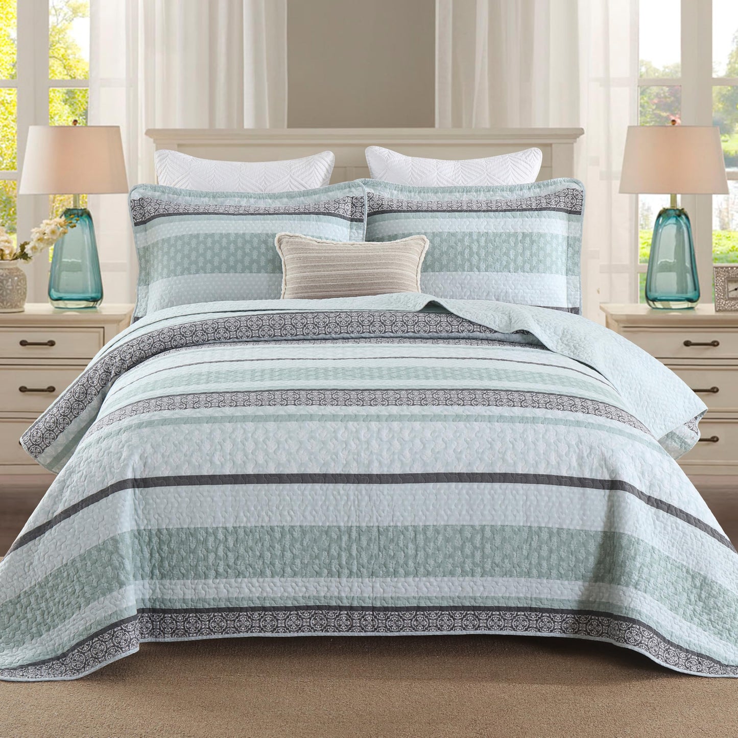 Homzard King Size Quilt,Cotton King Size Comforter Set,Mint Green Grey Bedding Set,Striped Bedspread,Lightweight Summer Comforter Sets 3 Piece