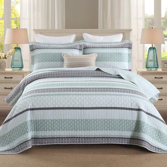 Homzard Quilts Queen Size,Cotton Queen Comforter Set,Mint Green Grey Bed Set,Striped Bedding,Lightweight Bedspreads All Season 3 Piece