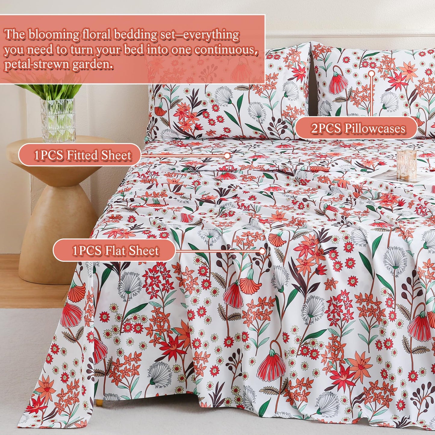 CIMVI Fashion Flower Sheet Set Queen Size 4 Pieces Floral Bedding and Pillowcases 15 inch Deep Pocket Fitted Sheets Soft Breathable Bed Sets Woman Adults Decor Bedroom