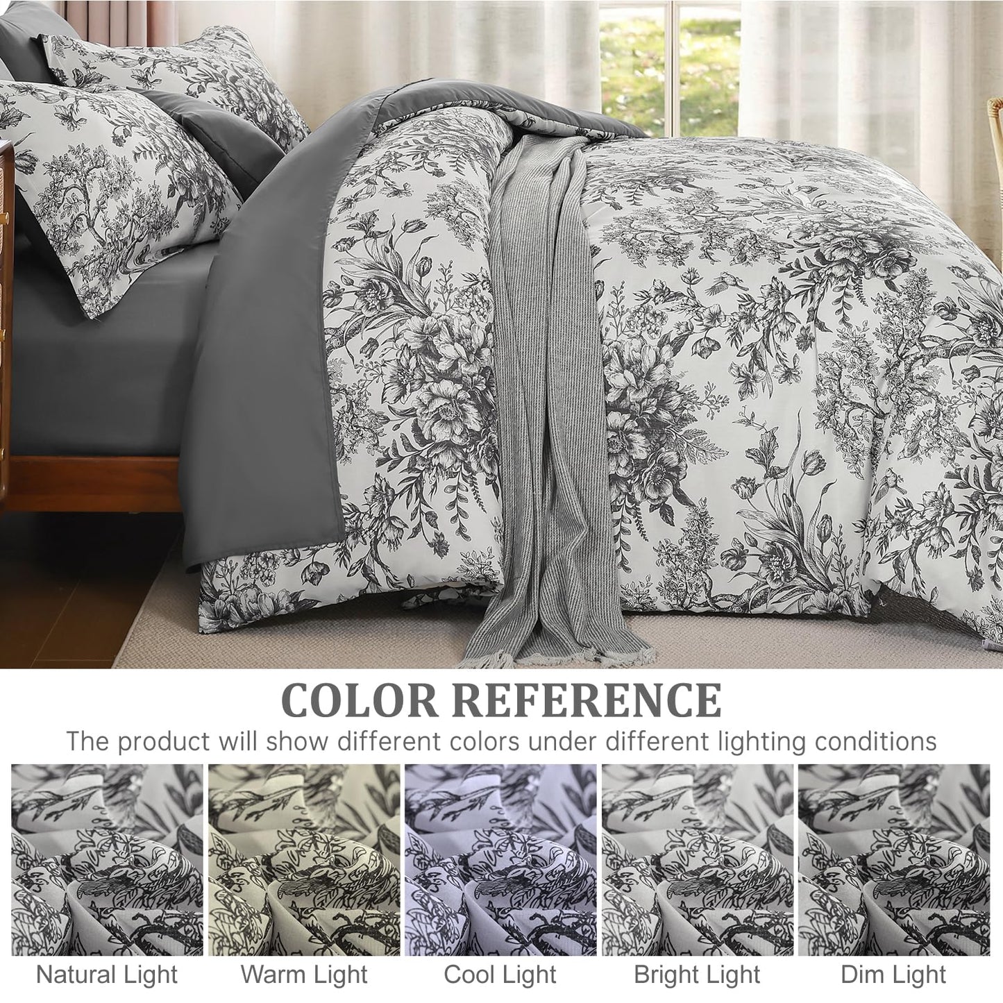Dinjoy Queen Comforter Set - 8 Pieces Floral Comforter Set Black and White, Bed in a Bag Queen with Botanical Print, Winter Soft Comforter Bedding Set with Sheets (Comforter 90"x90")