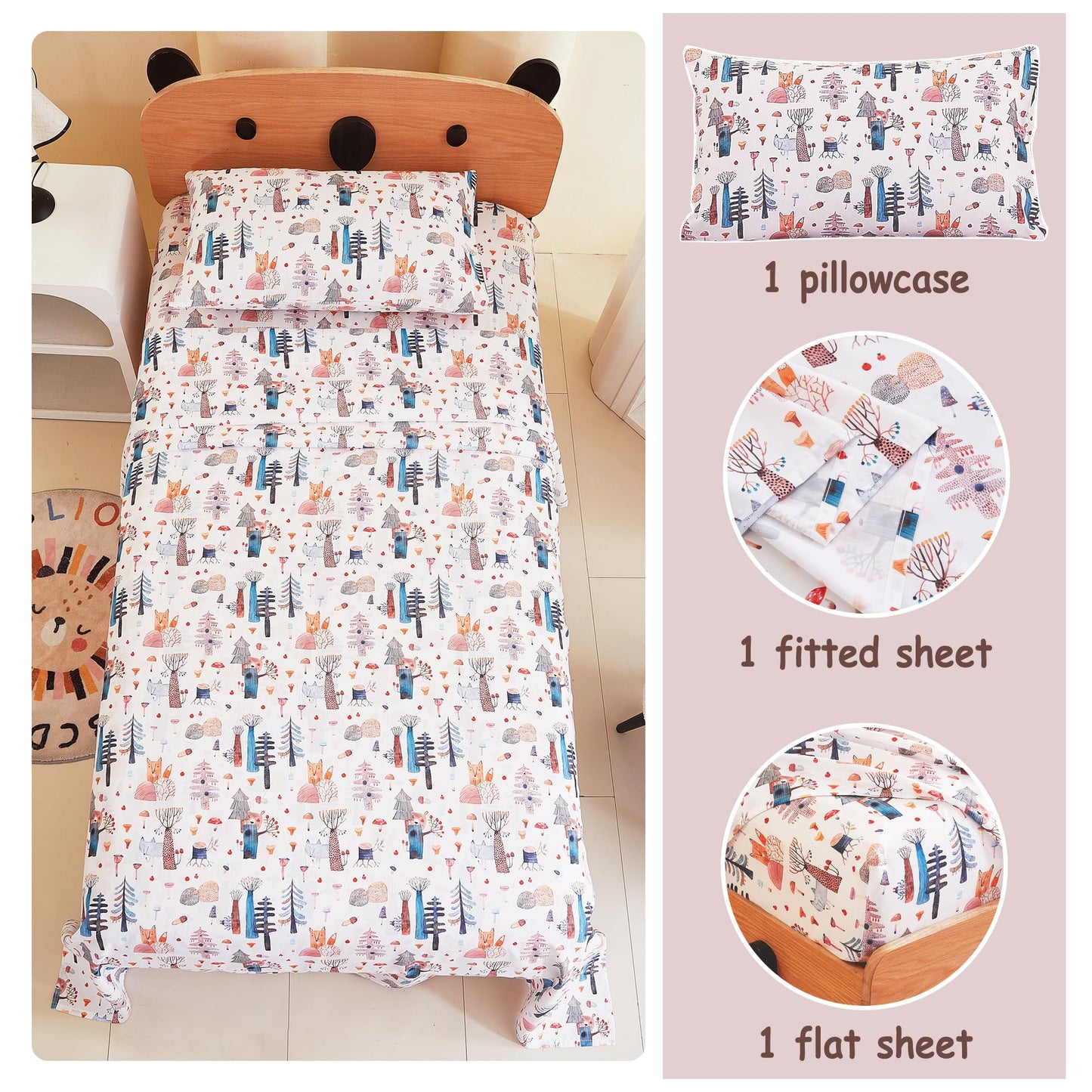 Softan Kids Bed Sheet Set, 3-Piece Twin Sheets Set, Microfiber Fitted Sheet with 15 Inches Deep Pocket and Corner Straps, Breathable & Silky Soft Watercolor Fox Bear Pattern Sheet and Pillowcase Sets