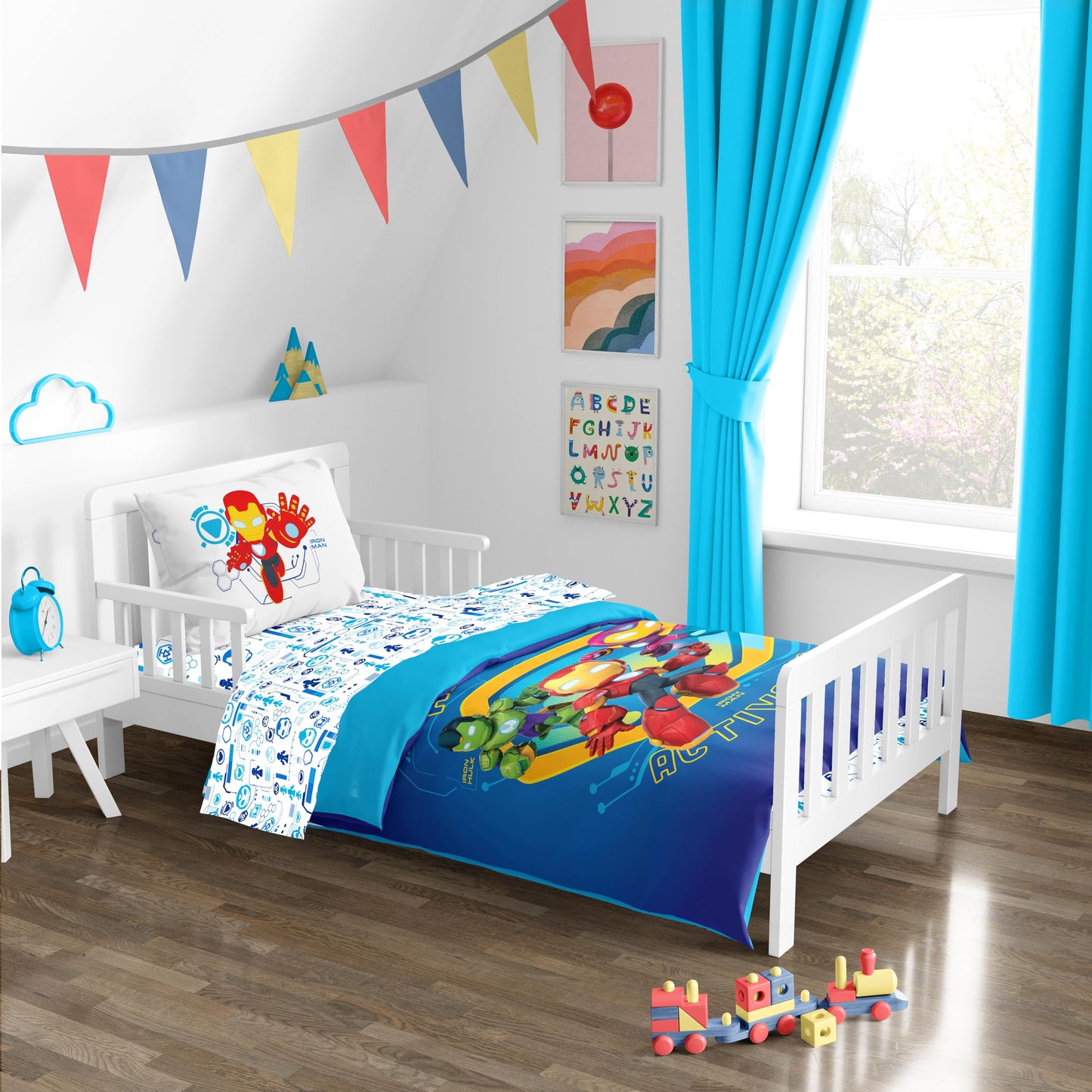 Sunny Side Up Kids Comforter Set Includes Sheets and Pillow Covers - Soft and Cozy Bed Set for Stylish Room Decor, Blue - Iron Man and His Awesome Friends, 4 Piece Toddler Bed Frame Size Bedding