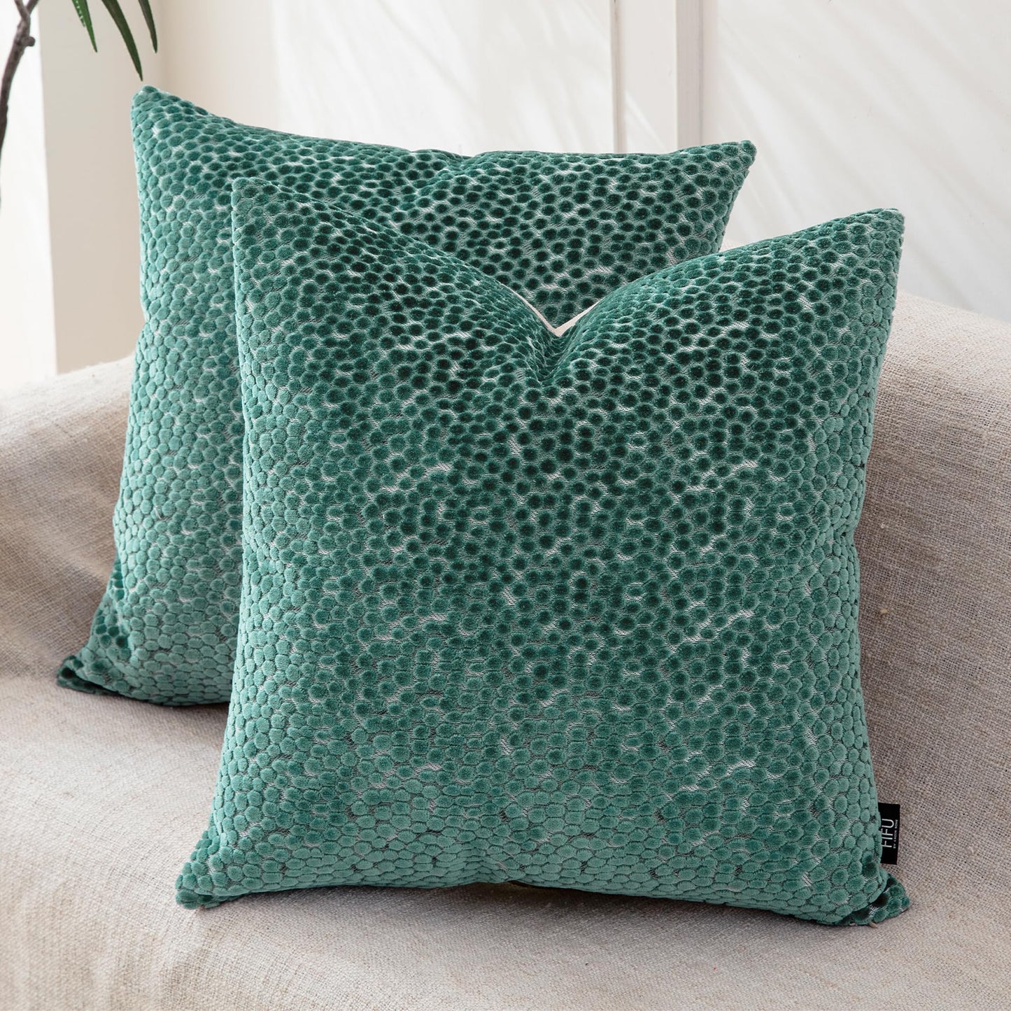 FIFU 18x18 Inch Throw Pillow Cover Set of 2 - Jacquard Velvet Cut-Pile with Linen-Look Back, Invisible Zipper, Soft Decorative Cushion Case for Couch Sofa Bedroom Living Room, Machine Washable, Teal