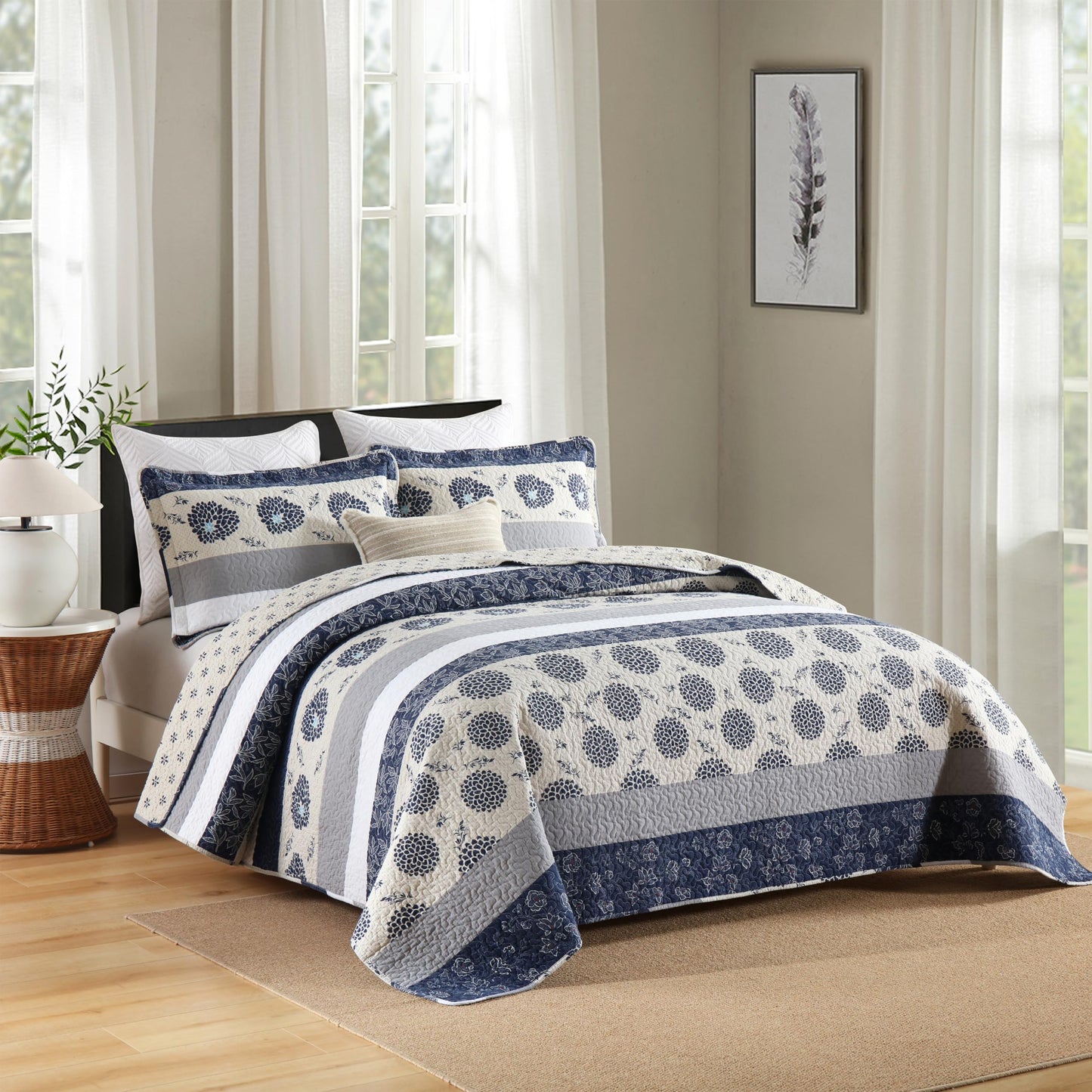 Homzard Quilt Queen Size - Queen Comforter Set,Navy Blue Beige Grey All Cotton Quilted Bedspread Set,Striped Floral Pattern Quilt,Lightweight Paisley 3 Piece Bedding,All Seasons