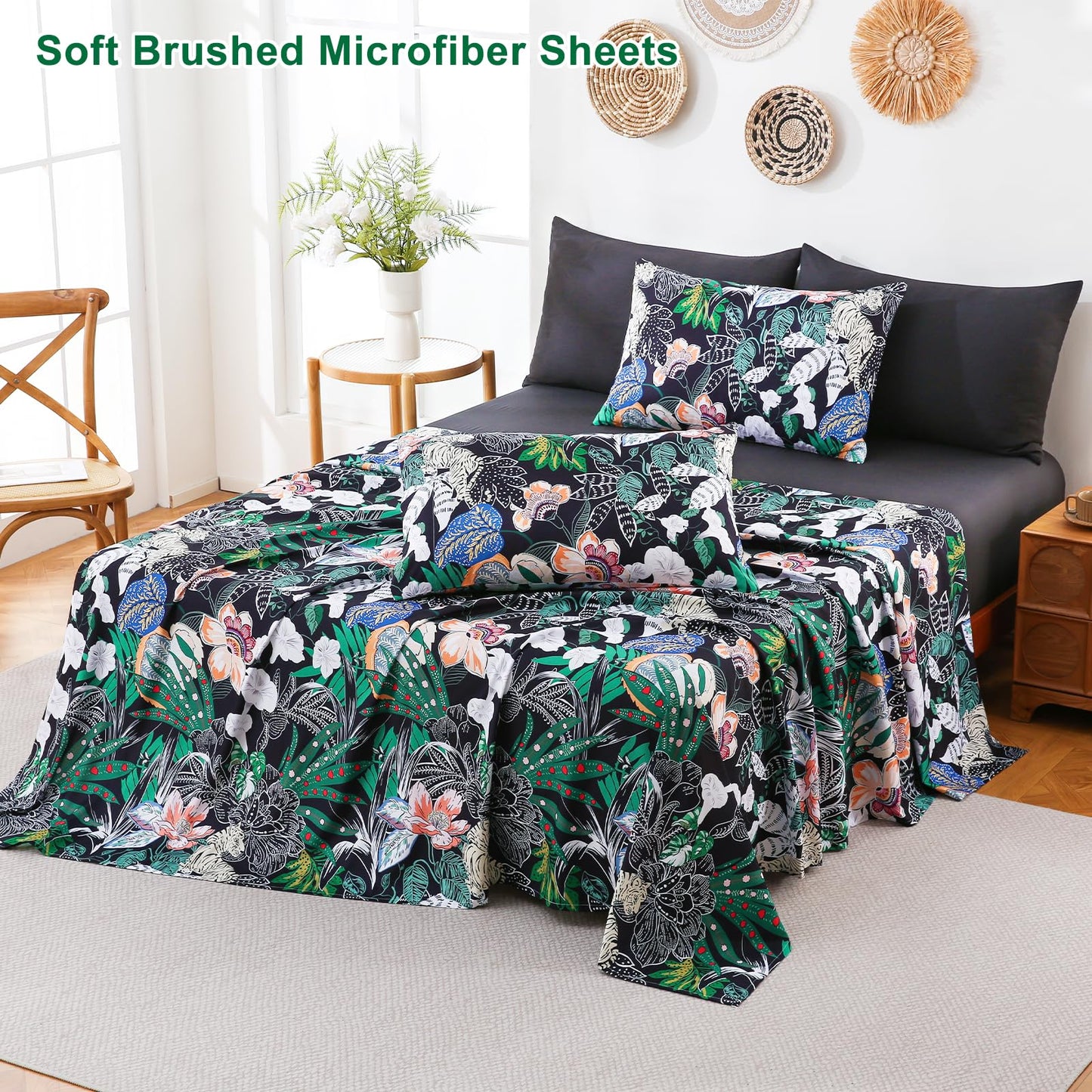 Swiftify Botanical Queen Bed Sheets Set 6-Piece, Boho Floral Brushed Microfiber Sheets, Cooling Bed Sheet Set, Soft & Breathable, 16' Deep Pocket Fitted Sheet & Pillowcase Set, Vintage Jungle Bloom