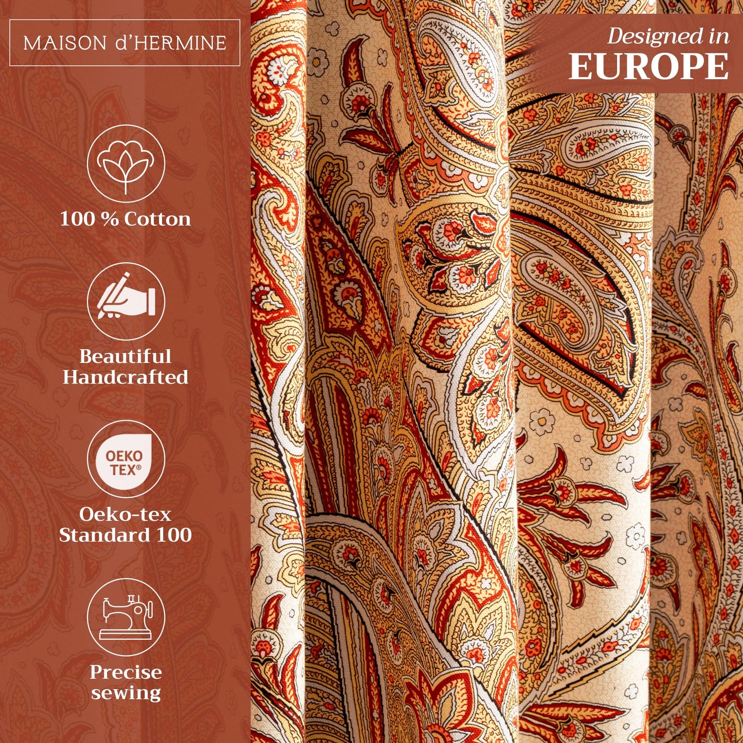Maison d' Hermine Curtains for Living Room 100% Cotton 96 inch Length One Panel Light Filtering Curtains for Windows with Rod and Loop Pockets (Kashmir Paisley - Multi, 50" W x 96" L)