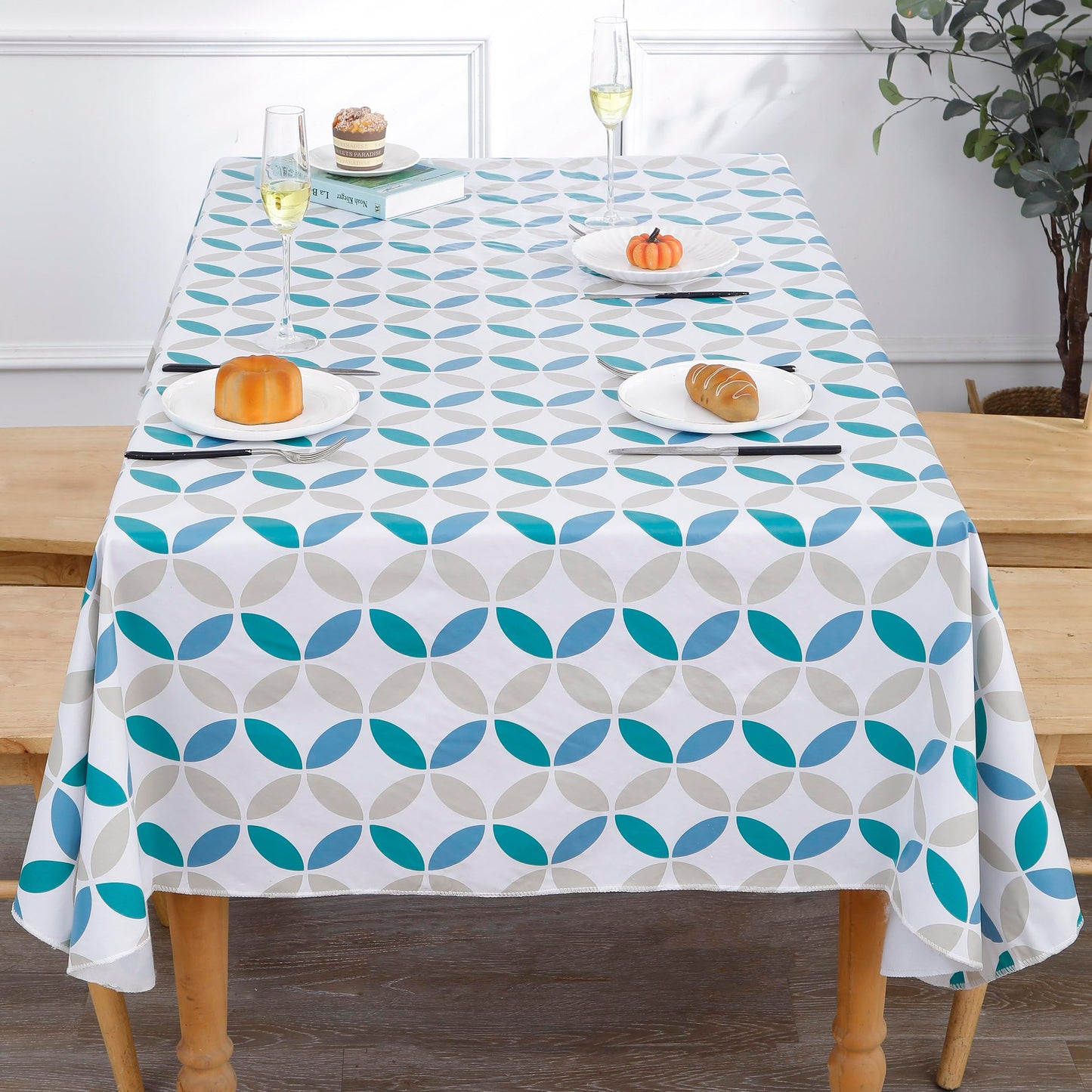 Walrus Heavy Duty Vinyl Tablecloth with Flannel Backing Waterproof Oil-Proof Plastic Table Cloth Stain-Resistant Wipeable Table Cover for Indoor and Outdoor (Geometric Leaf,54x54 Inch)