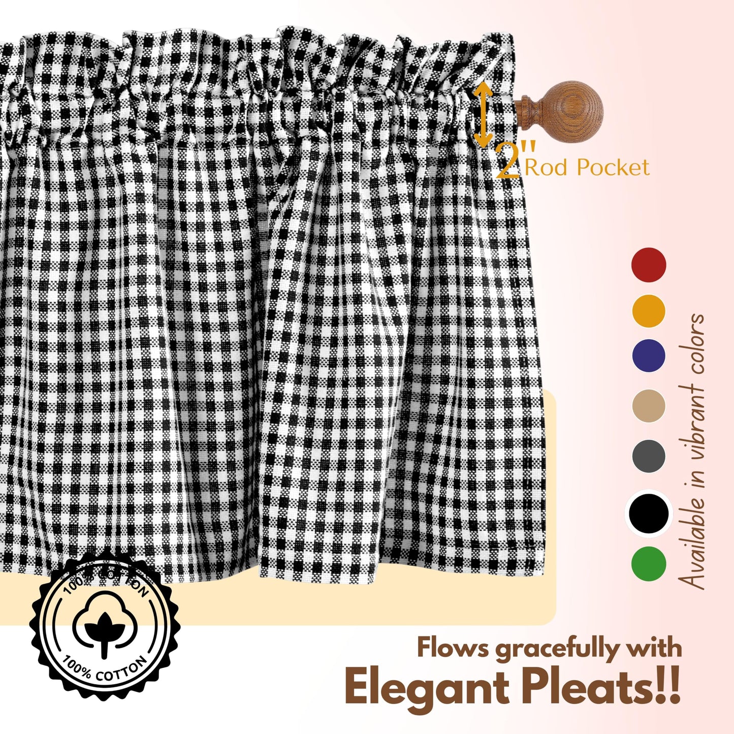 Native Fab Gingham Mini Check 3 Piece Window Curtain Tiers 26"x36" and Valance 54"x18" Set - Rod Pocket - Semi Sheer - Farmhouse Vintage Curtain for Kitchen, Cafe, Living Room - Black and White