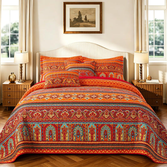 TWINRUN Cotton Quilt Queen, 3 Piece Boho Bedspread Queen Size(90 x 98 Inch)， Lightweight Vibrant Orange Red Bohemian Stripes Bedspread, Cotton Coverlet for All Seasons