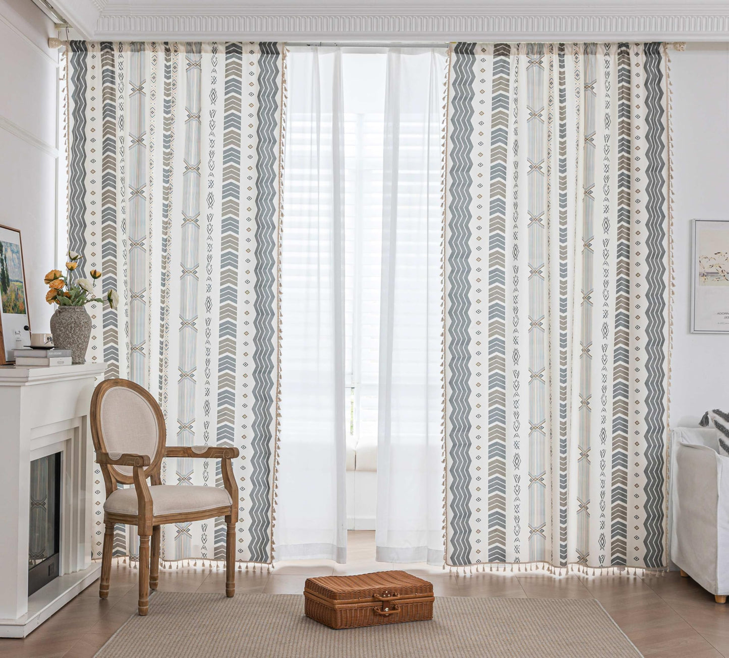Erbnaryx Gray Geometric Curtains 72 Inches Long, Boho Farmhouse Light Filtering Rod Pocket Drapes with Tassel Trim for Bedroom Living Room, 2 Panels