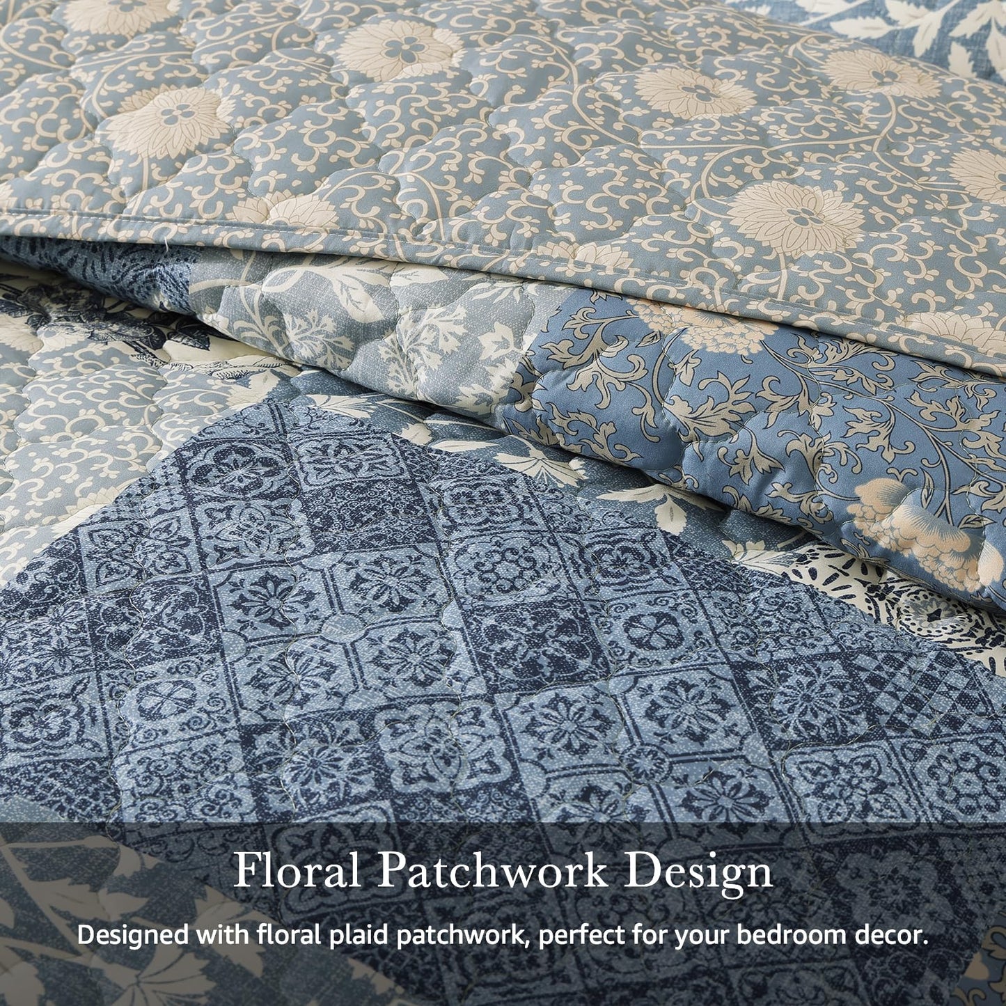 CASAAGUSTO Queen Quilt Set - 3 Pieces Patchwork Blue Quilt Bedding Set, Lightweight Queen Bedspread Coverlet, Reversible Floral Bed Cover for All Seasons (90"x94", 1 Quilt + 2 Pillow Shams)