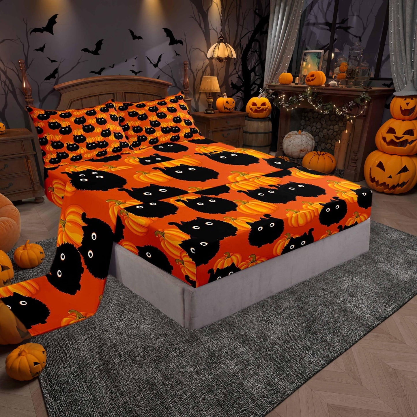 Black Cat Orange Pumpkin Bed Sheet 4 Piece,Halloween Cartoon Animal Sheets Full Size Bed Set,Cute Graffiti Farmhouse Style Bedding Set with Flat,Fitted Sheet,2 Pillow Cases