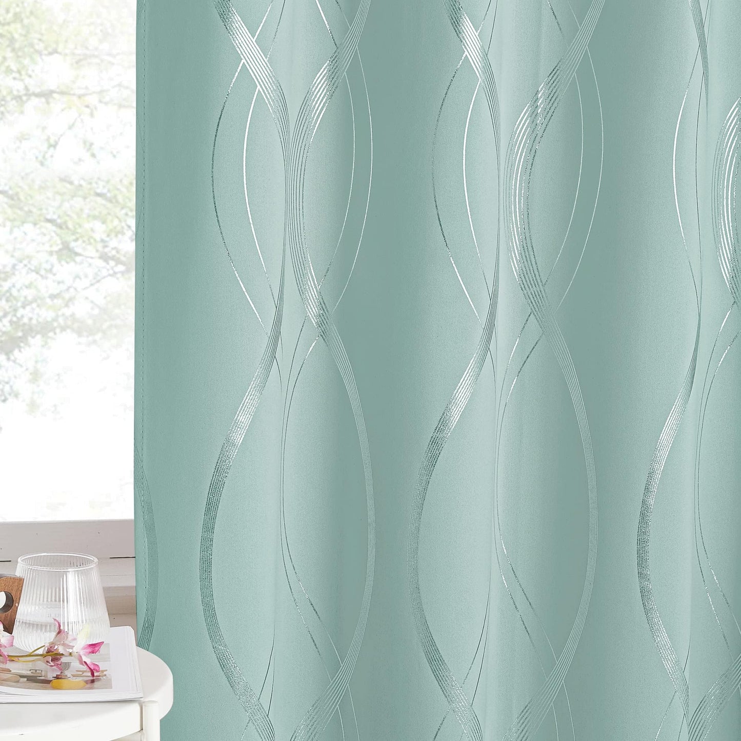 NICETOWN Aqua Blue Floral Blackout Curtain Panels 84 inches 2 Pieces, 52 inches Wide Light Reducing Thermal Insulated Solid Grommet Printed Window Treatments/Drapes for Living Room/Nursery