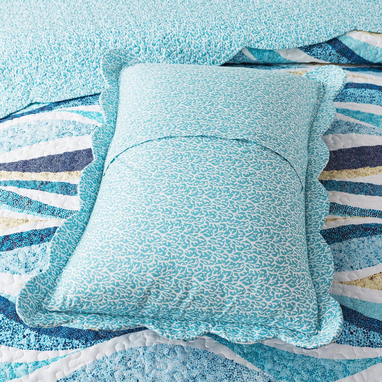 HoneiLife Queen Bedspreads Oversized - 106"x106" Coastal Quilt Sets, Beach Quilt 3-Piece, Nautical Bedspreads Ocean Coverlets, Lightweight Bed Cover, Summer Quilts