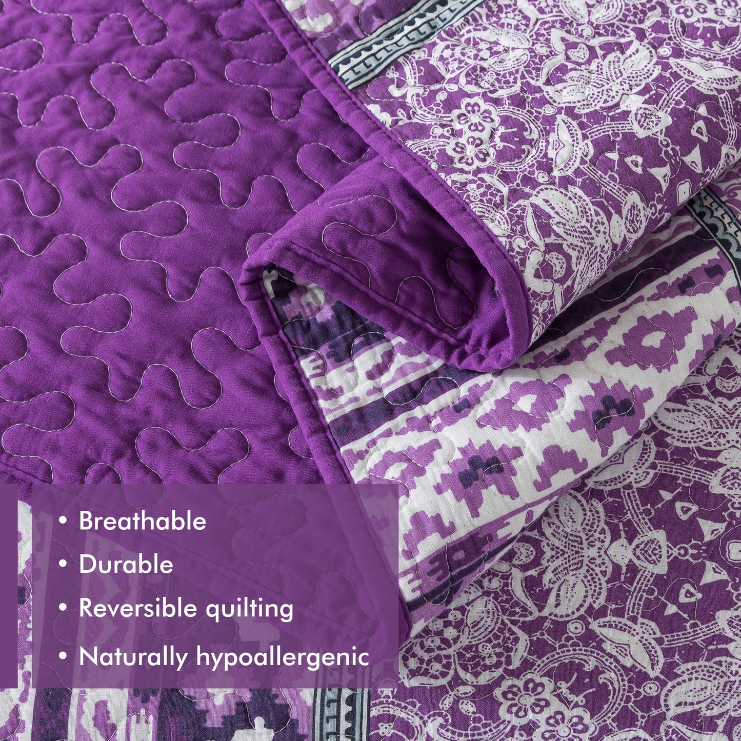 Etwel Cotton Patchwork Queen Size Quilt Set - Lightweight Breathable Reversible Bedspread for Hot Sleepers, Farmhouse Floral Bedding Set with 2 Pillow Shams for All Season (90"x98", Purple)
