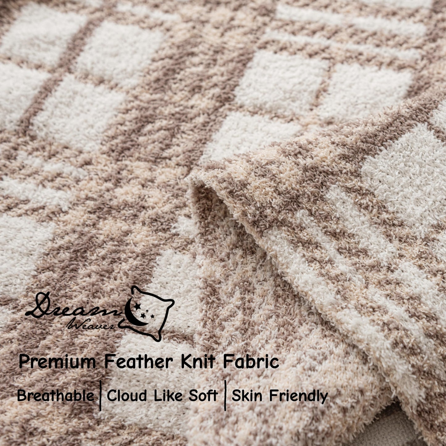 DXRZEXAM Stretch Knit Throw Blanket 47"x59" Soft Fleece Checkered Blanket All Season Breathable Non-Shedding Cozy for Couch Bed Office Lap Wrap Camping Trip 550GSM Khaki Beige Plaid