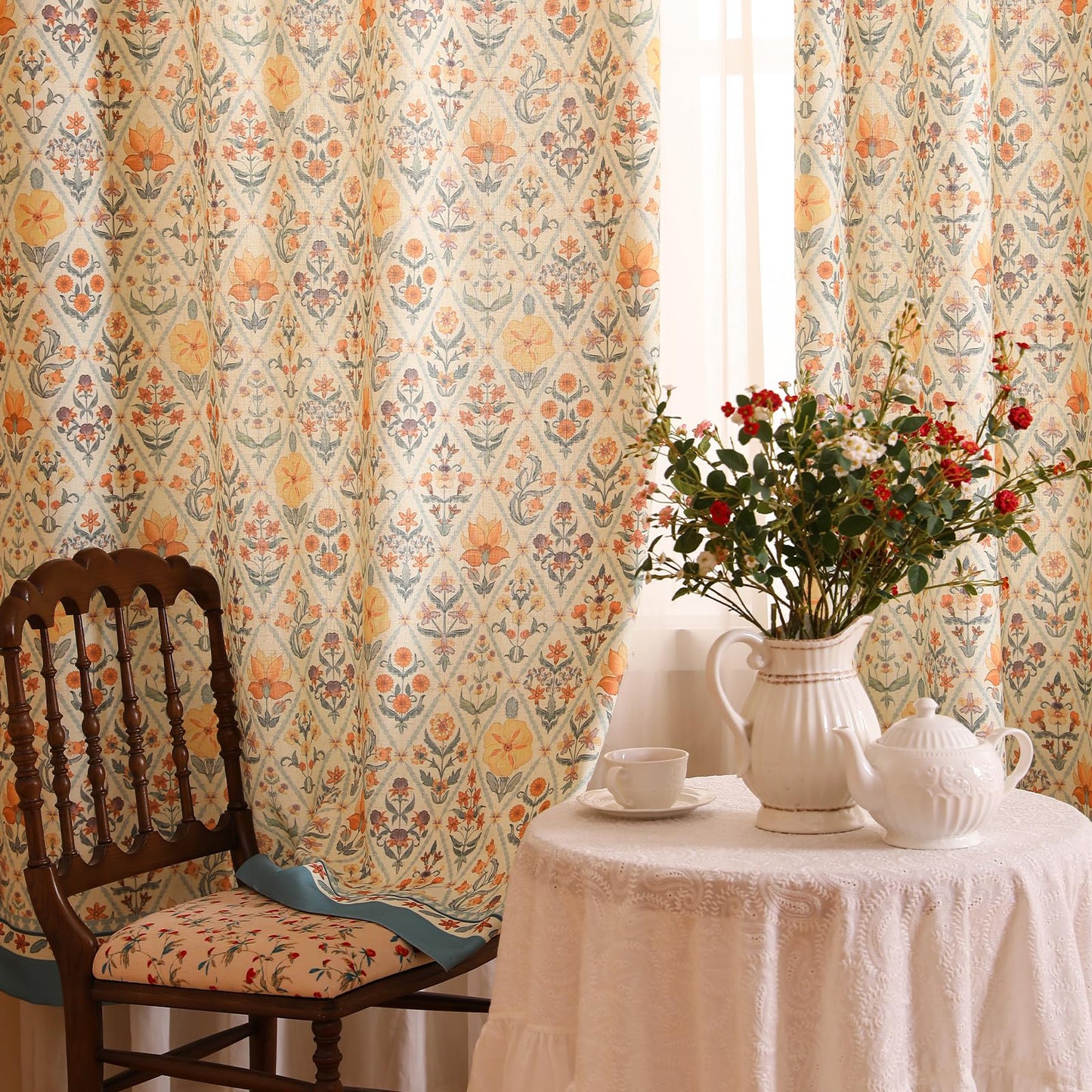 ISAENNE Designer French Linen Printed Curtains,2 Panels,63"x65"-Floralsea