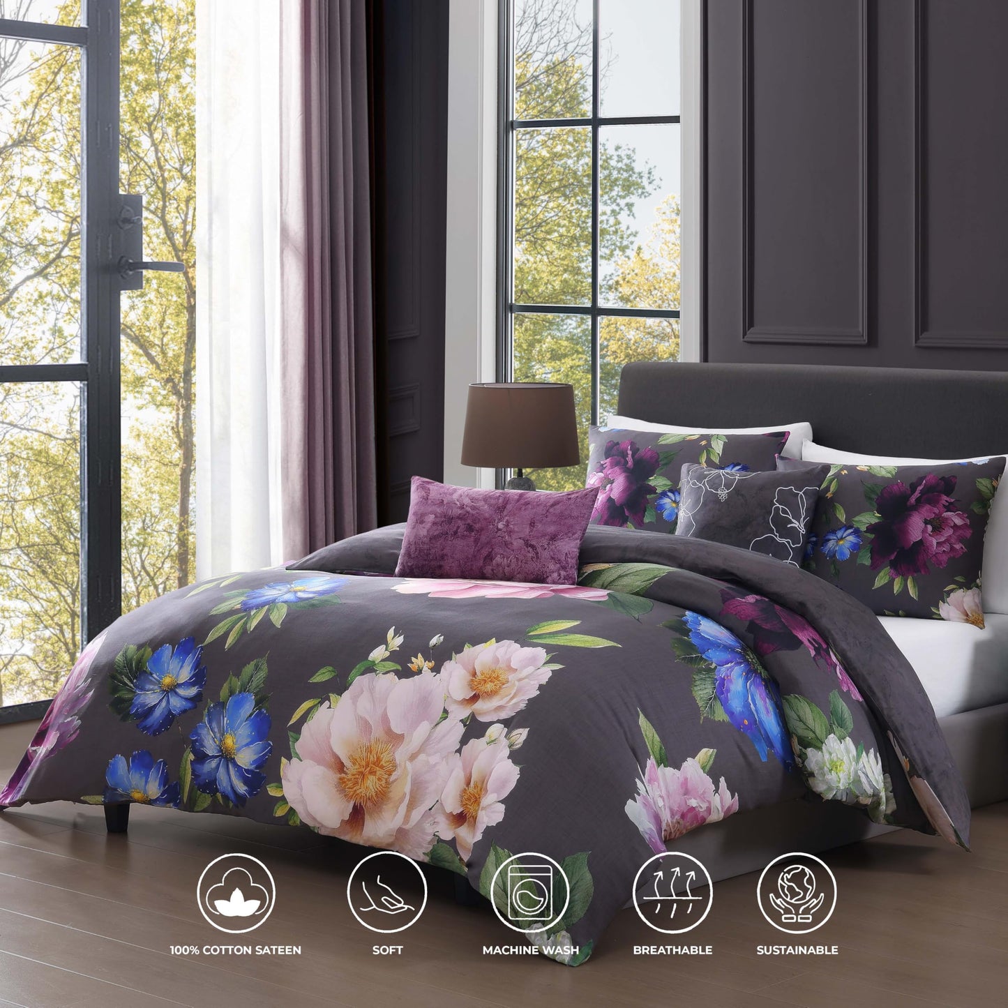 Bebejan Elegant Blossom 5 Piece Comforter Set, 100% Cotton Sateen, 200 Thread Count, Grey Reversible Bedding Comforter Set, 1 Comforter, 2 Shams & 2 Pillows (King/Cal King)