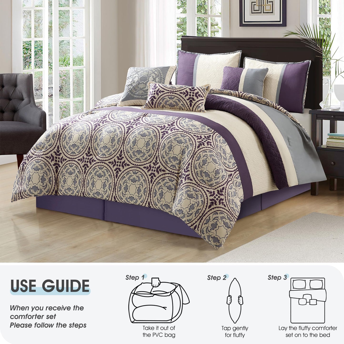 LANCO MODERN LIFESTYLE King Size Comforter Set, Purple, Soft Microfiber Print Fabric Bedding Set, Luxury Home Decor, Bed in a Bag, 7 Pieces Included Comforter, Bedskirt, Shams and Decor Pillows