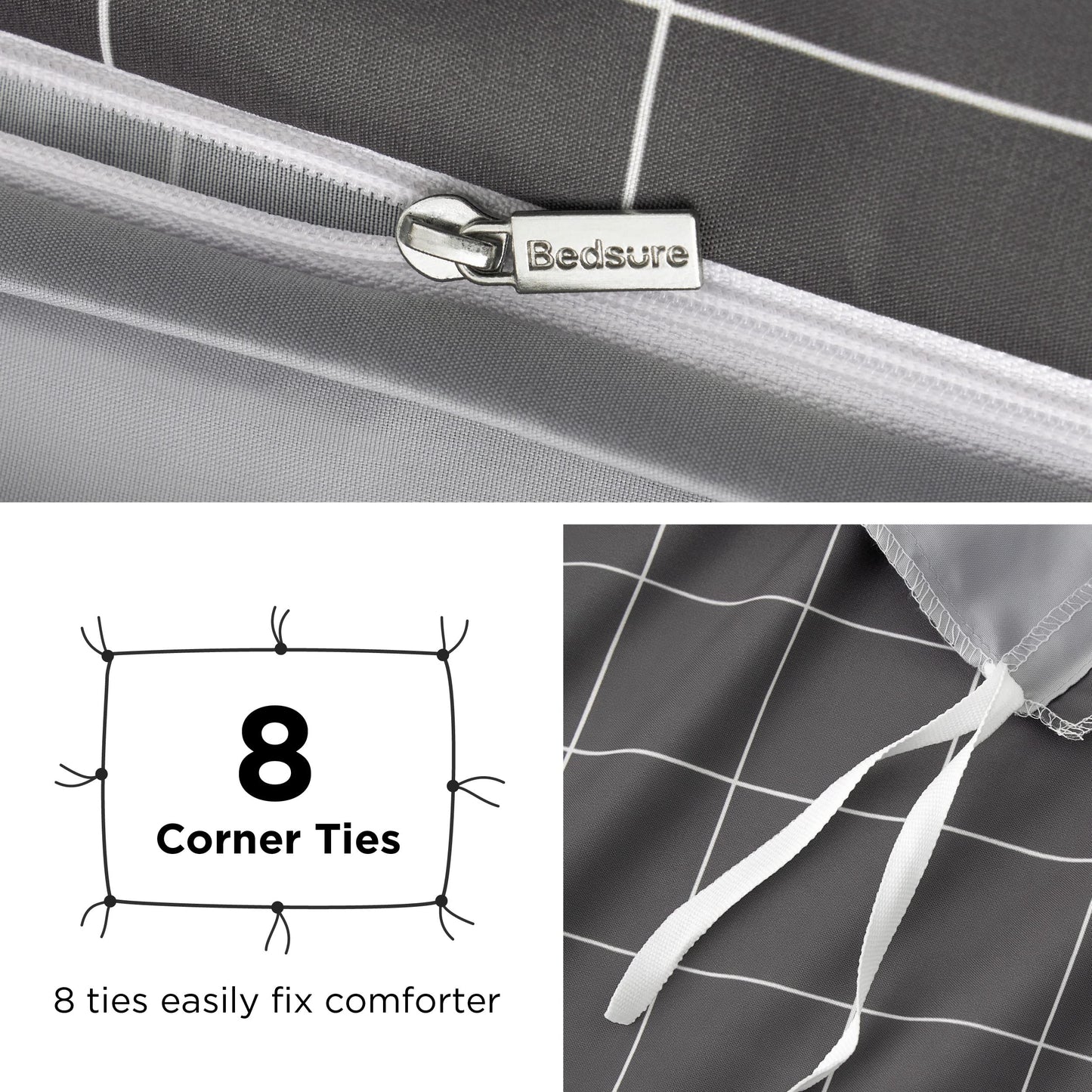 Bedsure Duvet Cover King Size - Reversible Plaid Duvet Cover Set with Zipper Closure, 3 Pieces Dark Grey Bedding Set with 8 Corner Ties and 2 Pillow Shams 20"x36"