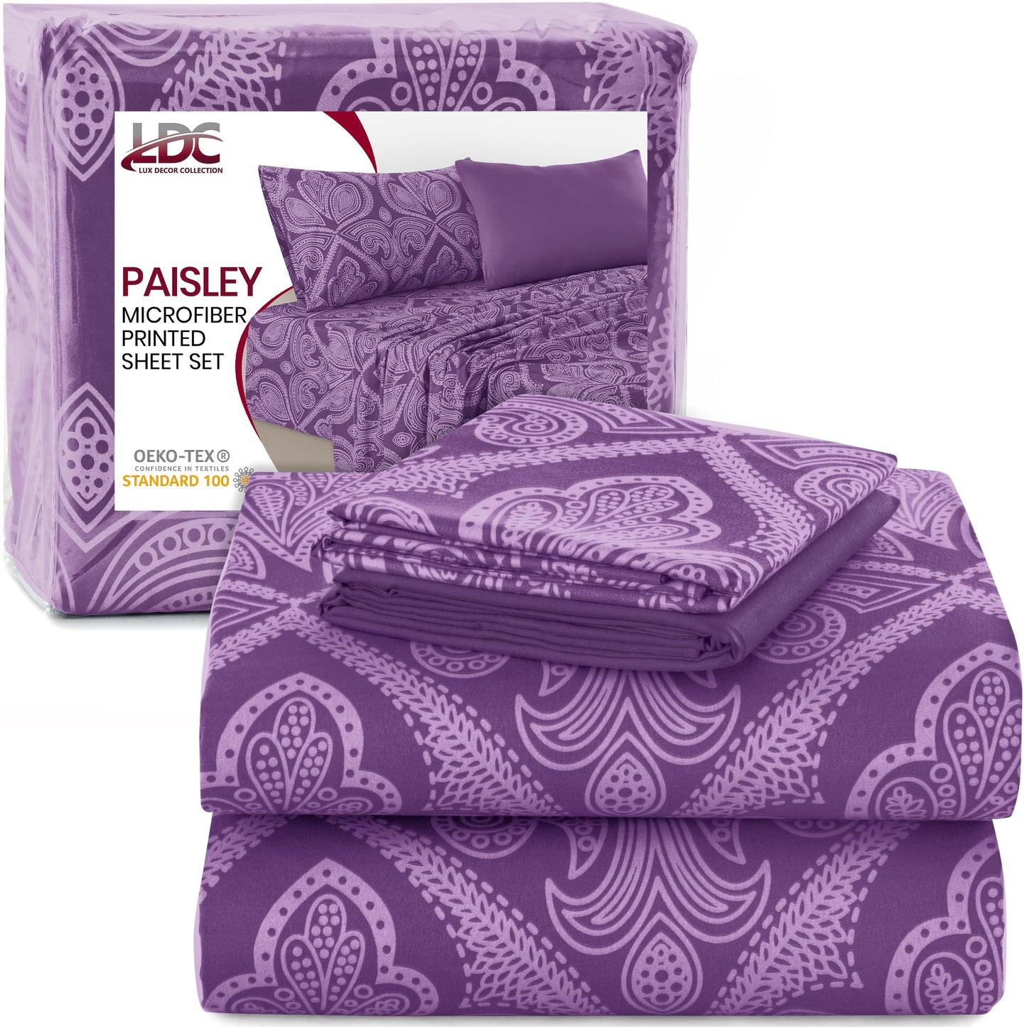 Ultra Soft Wrinkle-Free Microfiber Paisley Twin XL Sheet Set, Cute Floral Pattern Boho Print – 16" Deep Pocket Fitted Sheet, Flat Sheet & 2 Pillowcases, Breathable, OEKO-TEX - Purple