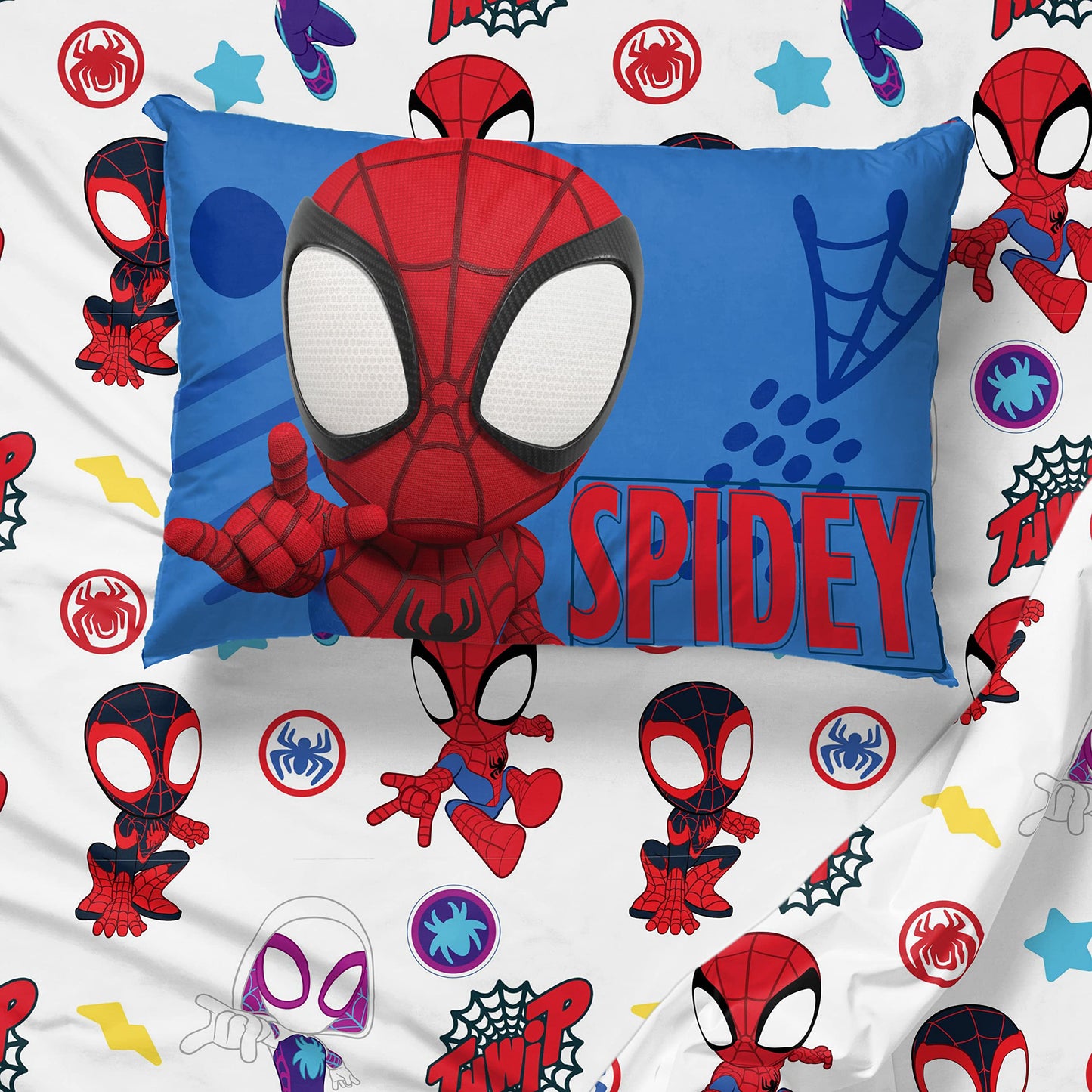 Jay Franco Kids Sheet Set with Fitted, Flat Sheets & Pillow Cover - Ultra-Soft Bedding with Pillowcase for Room Decor, White - Spidey & Friends, 3 Piece Twin