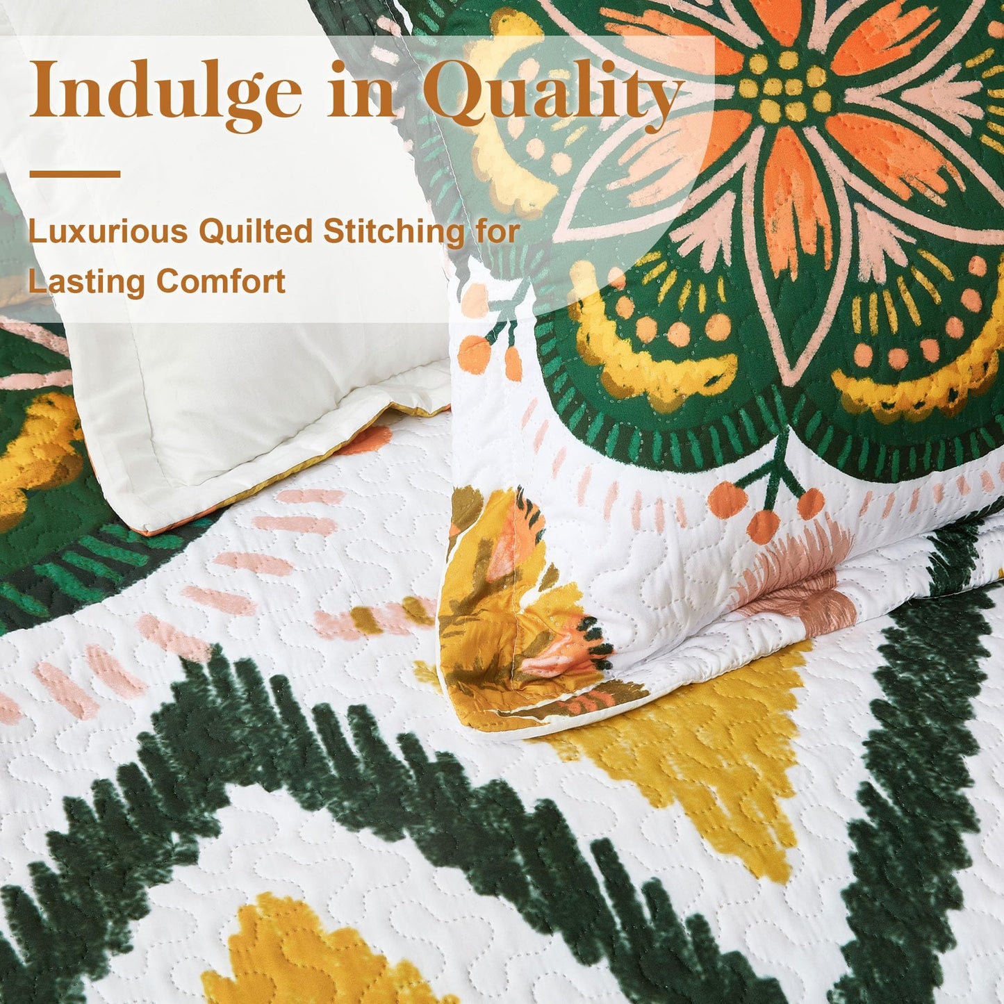Tyrot 3 Piece Boho Floral Full/Queen Quilt Sets Farmhouse Botanical Reversible Lightweight Bedspread Coverlet with 2 Shams Mid Century Leaves Microfiber Bedding Quilts Set for All Season, 90''x96''