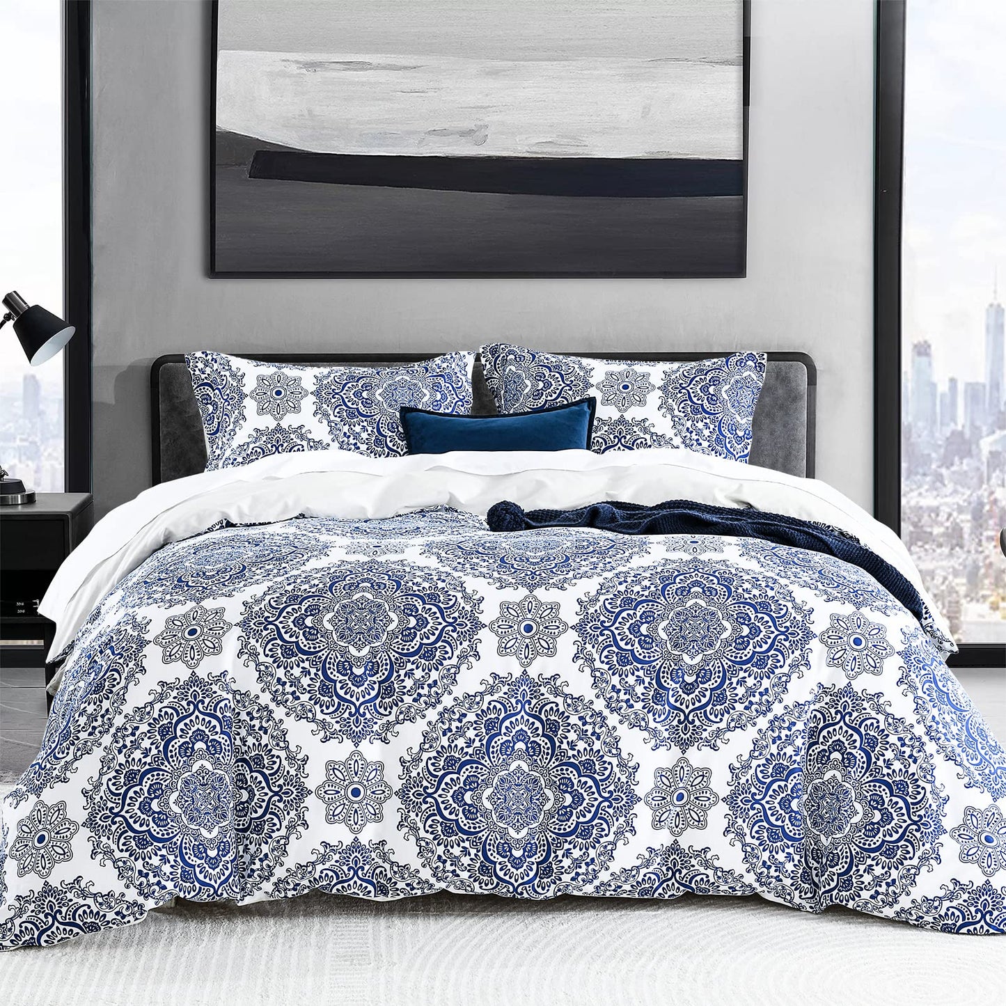 CozyDH 100% Cotton Home Damask Medallion Luxury Duvet Cover Set King Size Boho Paisley Print Bedding Set 400 Thread Count Prewashed Cotton Sateen Vibrant Bohemian Pattern (Royal Blue, King)