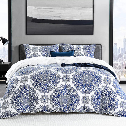 CozyDH 100% Cotton Home Damask Medallion Luxury Duvet Cover Set King Size Boho Paisley Print Bedding Set 400 Thread Count Prewashed Cotton Sateen Vibrant Bohemian Pattern (Royal Blue, King)