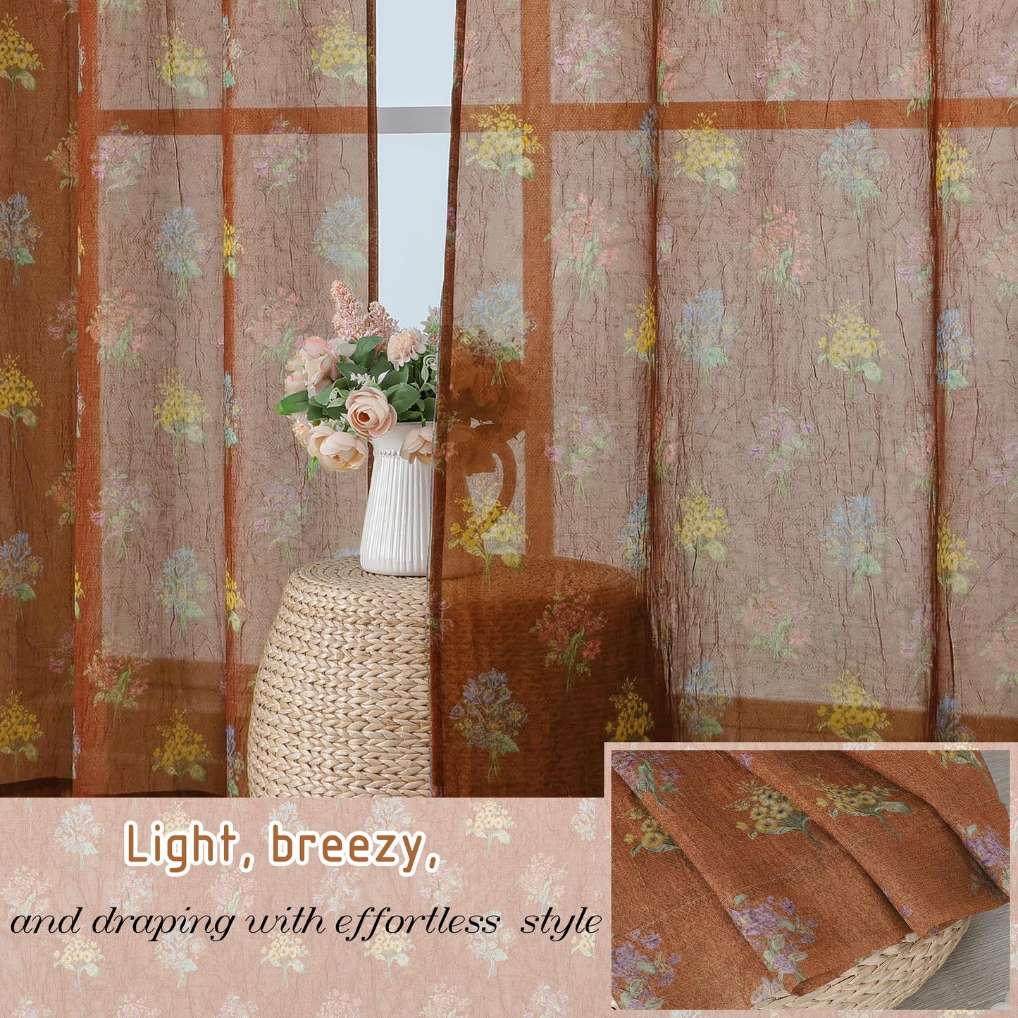Ebesto Crushed Floral Sheer Curtains 63 Inch Length - Light Filtering Printed Sheer Flower Patterned Curtains for Bedroom, Spring Romantic Rod Pocket Window Drapes, 2 Panels, 42Wx63L, Terracotta