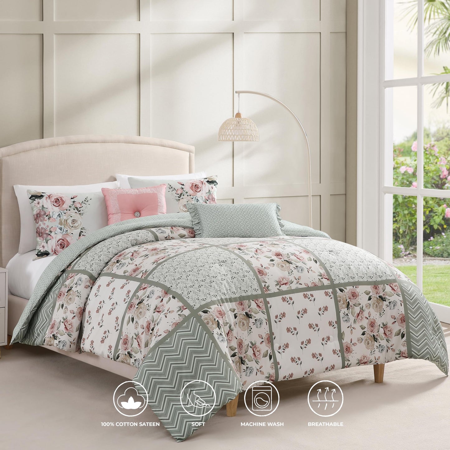 Bebejan Sage Serenity 5 Piece Reversible Comforter Set, 100% Cotton Sateen, 220 Thread Count, Bedding Comforter Set, 1 Comforter, 2 Shams & 2 Pillows (King/Cal King)