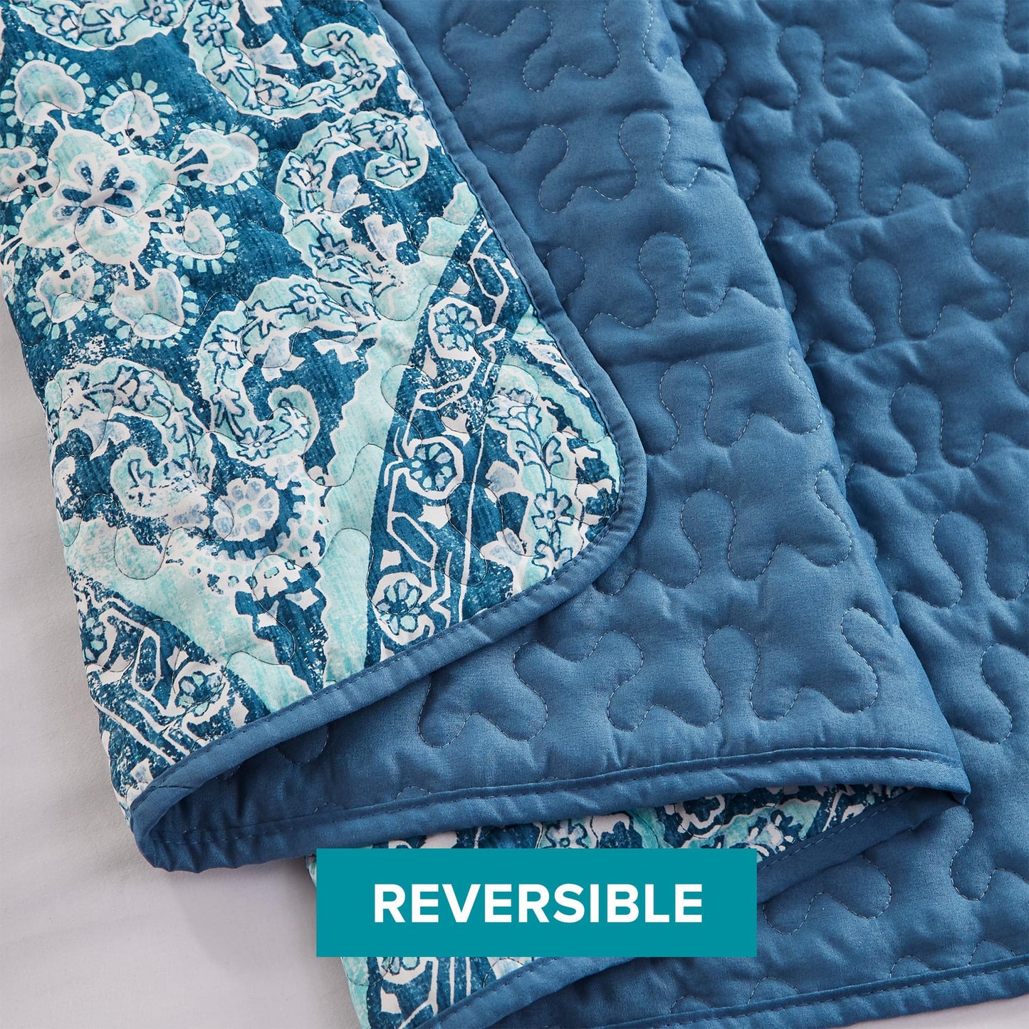 Comfort Spaces Reversible Quilt Set-Vermicelli Stitching Design All Season, Lightweight, Coverlet Bedspread Bedding, Matching Shams, Full/Queen (90 in x 90 in), Gloria Damask Aqua 3 Piece