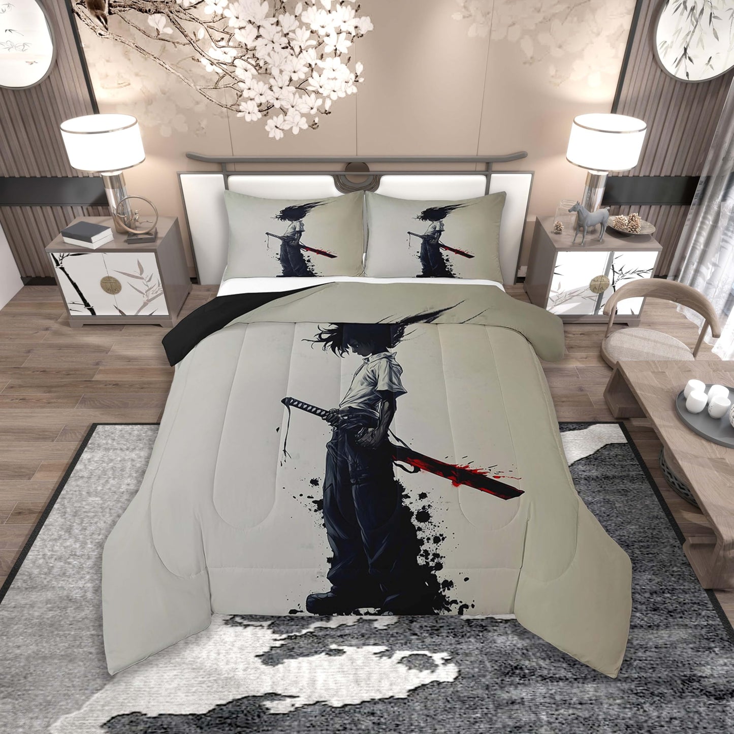 jejeloiu Kids Afro Samurai Comforter Set Queen Size Anime Bedding Set for Boys Girls Japanese Style Duvet Quilt,1 Comforter+ 2 Pillow Shams