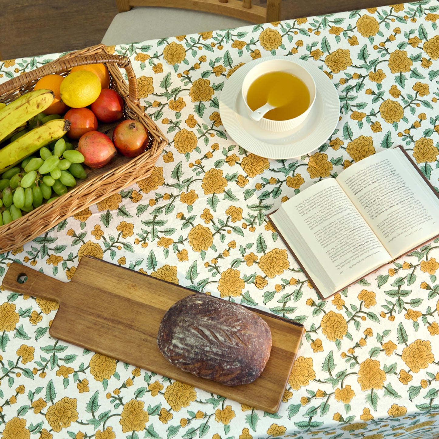 Encasa XO Rectangular Tablecloth 56"x72" 6 ft Yellow Jaipuri Block Print Cotton Dining Table Cloth | Handcrafted Floral tablecloths – Machine Washable for Indoor, Outdoor, Everyday Use