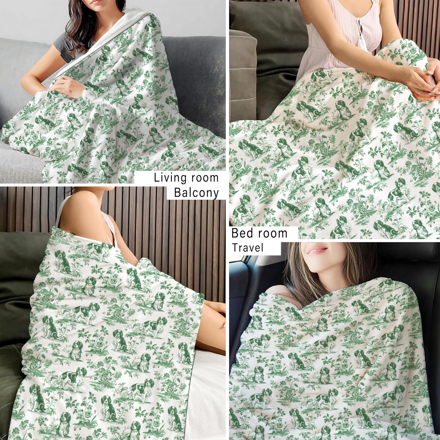 BUJSP Sage Green Chinoiserie Cavalier King Charles Spaniel Blanket, Springer Spaniel GOG Gifts,Green and White French Country Toile Dog Throw Blanket for Home Bedroom Couch Bed Decor, 50x60 Inches