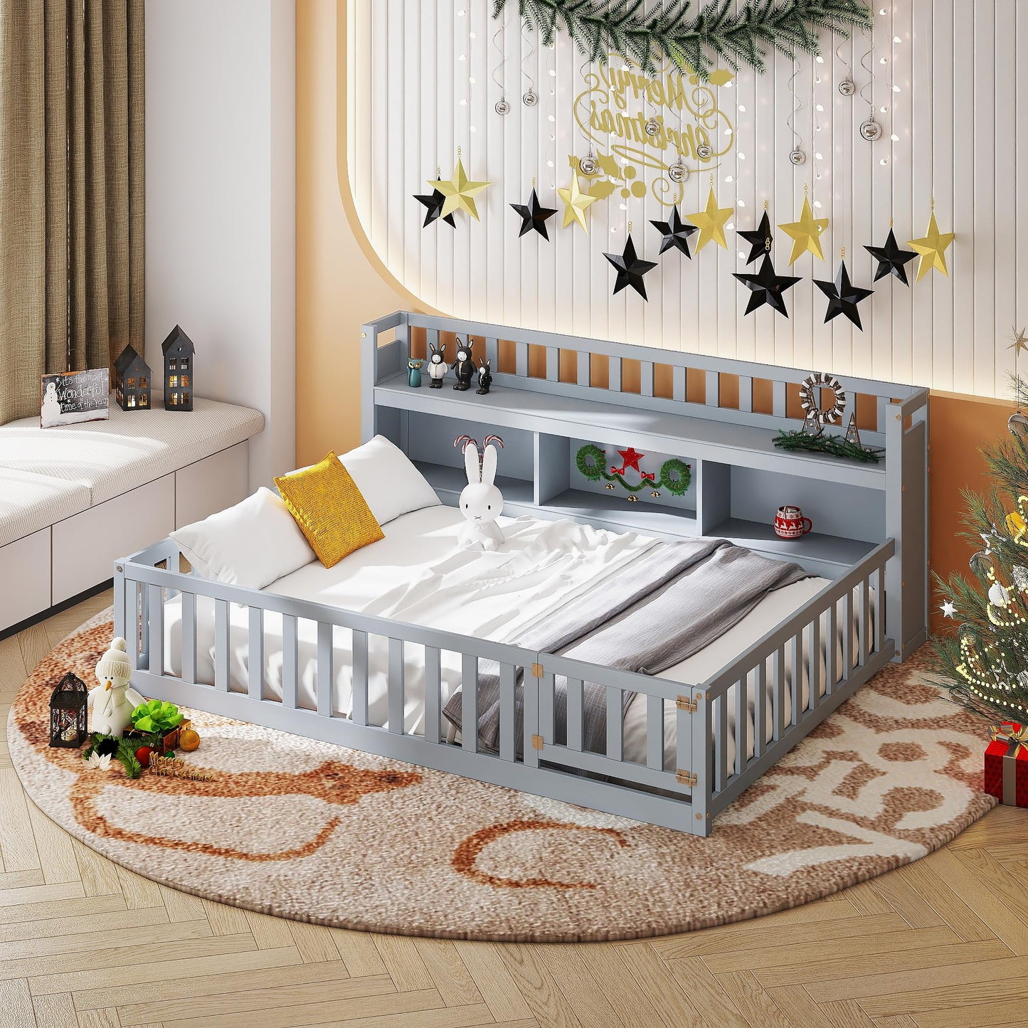 mikibama Full Size Montessori Floor Bed with Bookcase for Kids, Grey